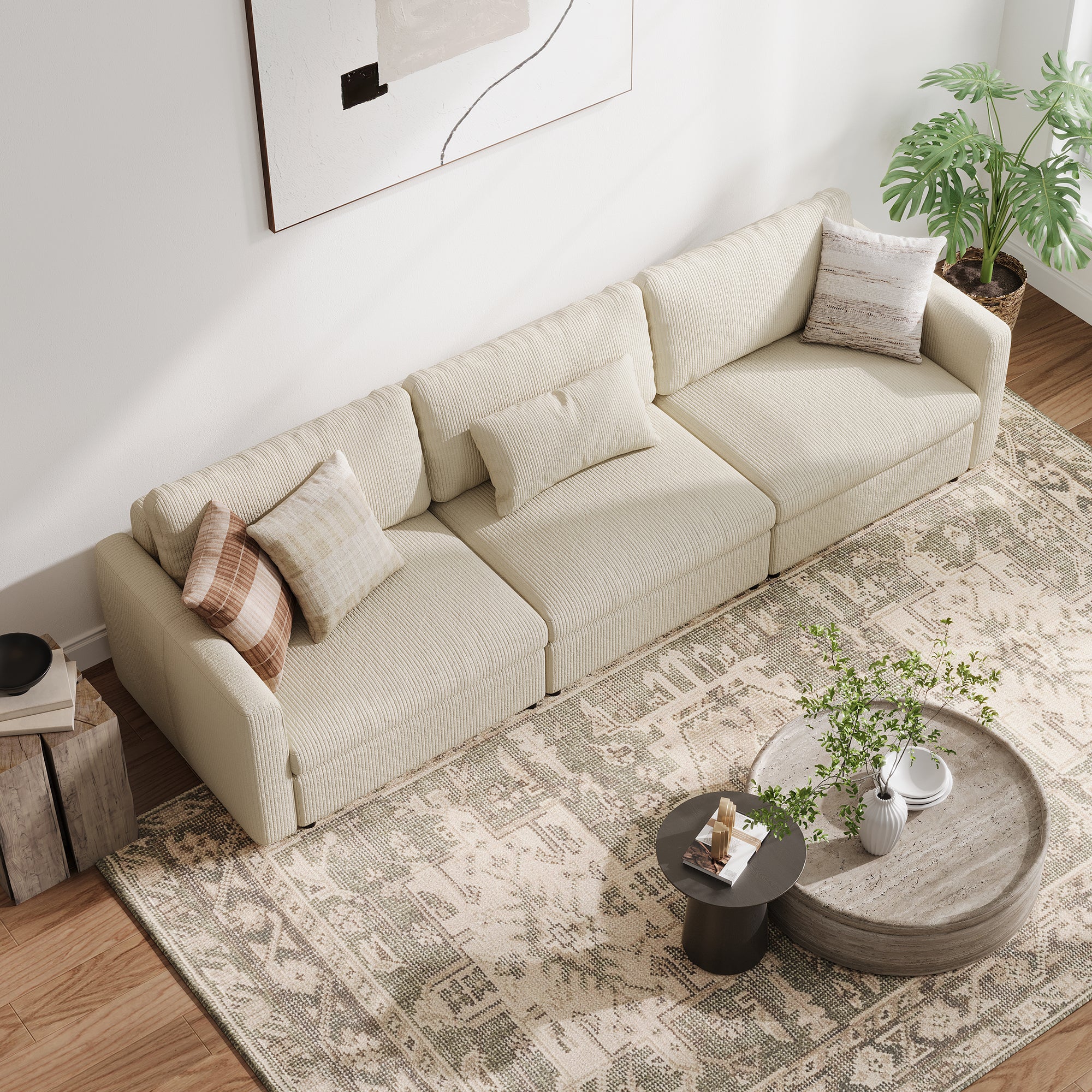 3-Seater Cream Corduroy Modular Sofa with Deep Seat