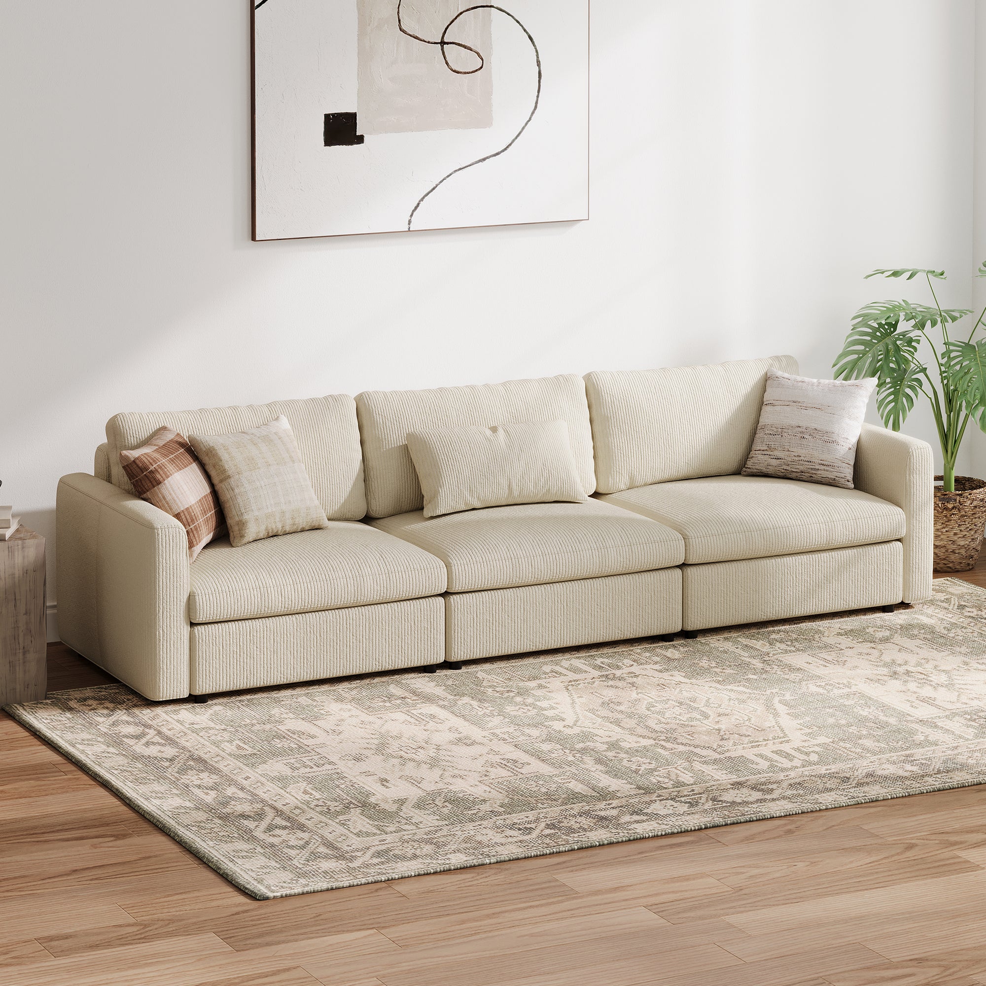 3-Seater Cream Corduroy Modular Sofa with Deep Seat
