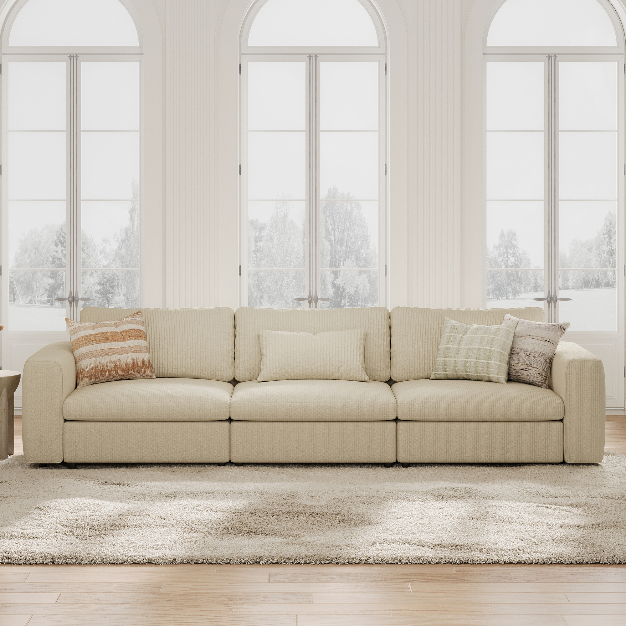3-Seater Cream Corduroy Modular Sofa with Deep Seat
