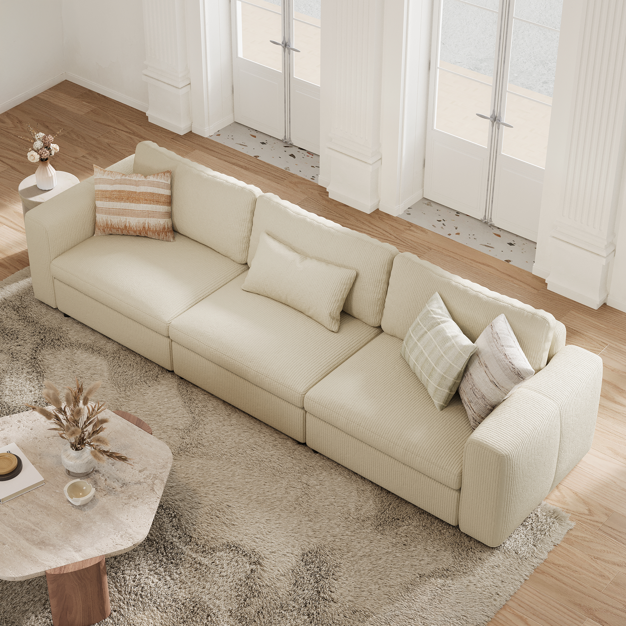 3-Seater Cream Corduroy Modular Sofa with Deep Seat