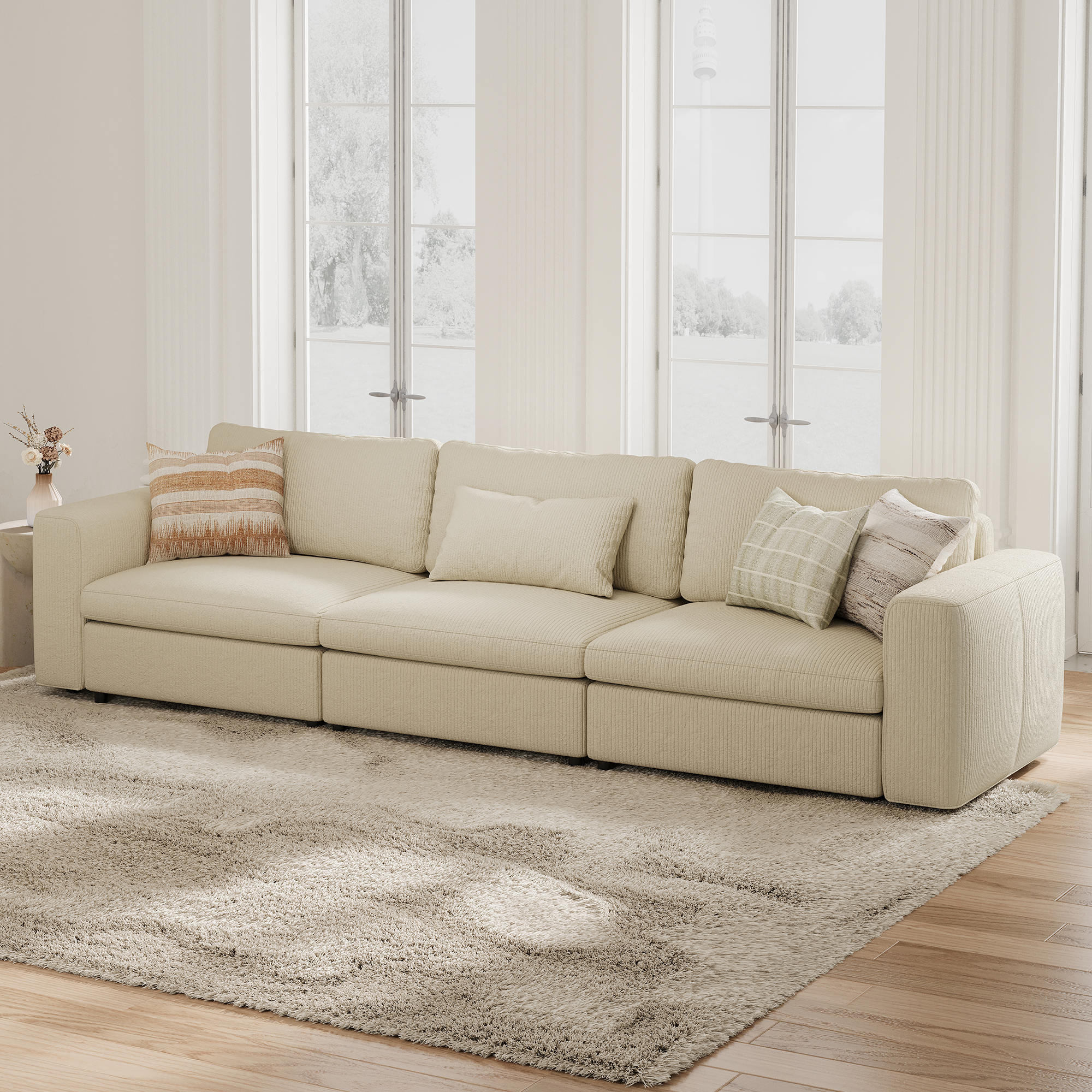 3-Seater Cream Corduroy Modular Sofa with Deep Seat