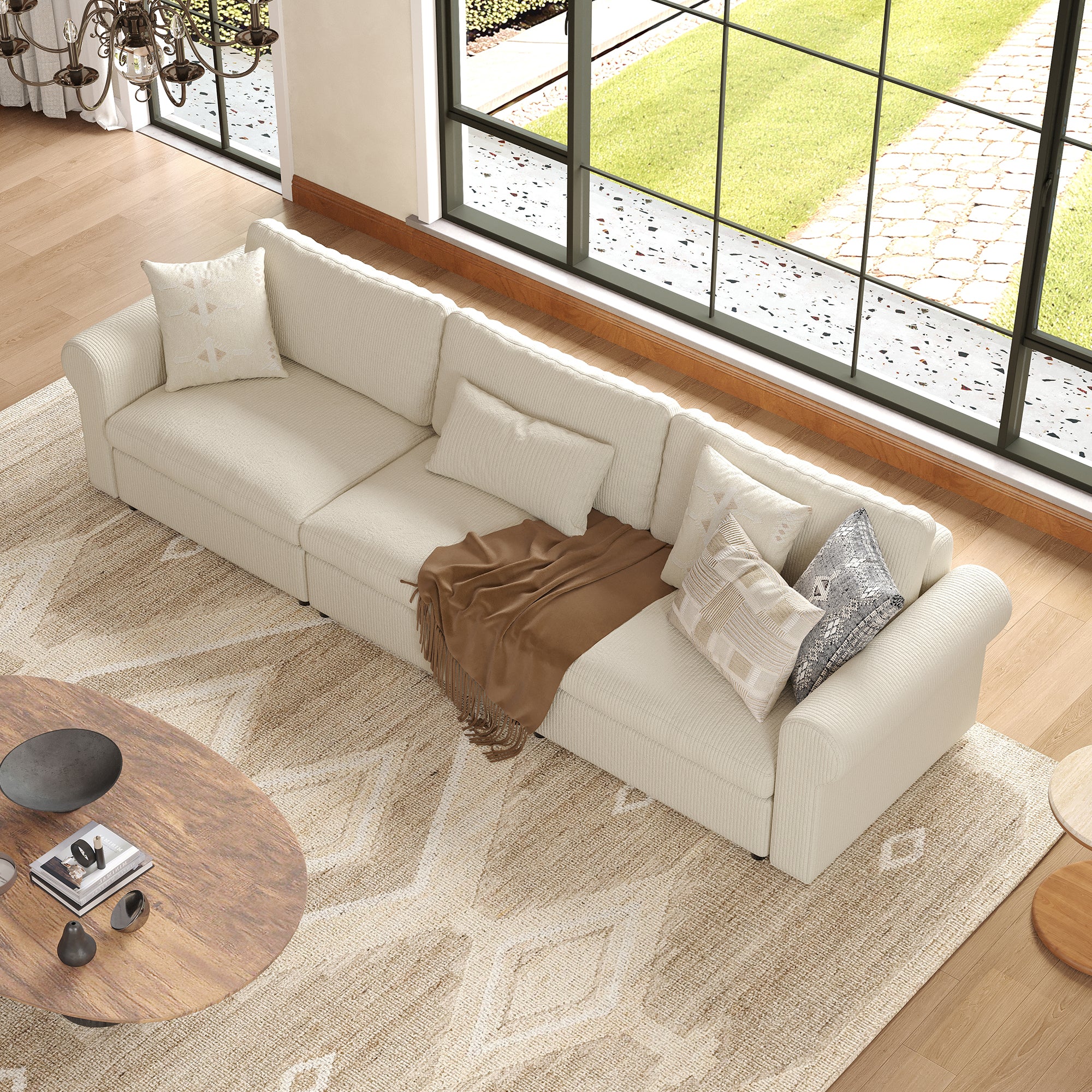 3-Seater Cream Corduroy Modular Sofa with Deep Seat