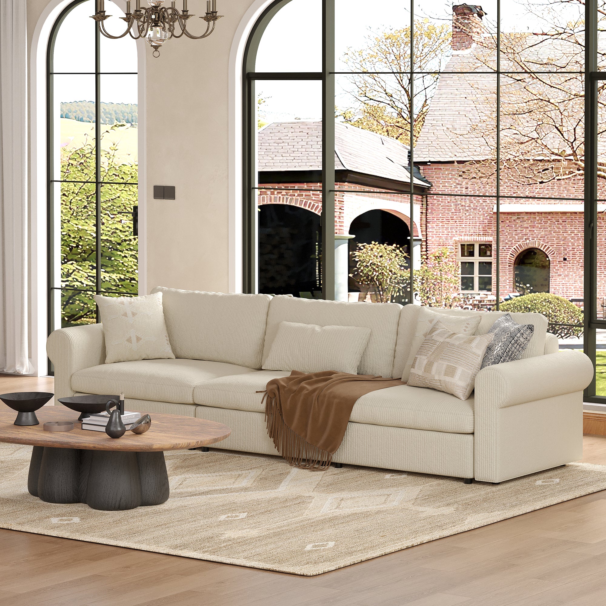 3-Seater Cream Corduroy Modular Sofa with Deep Seat