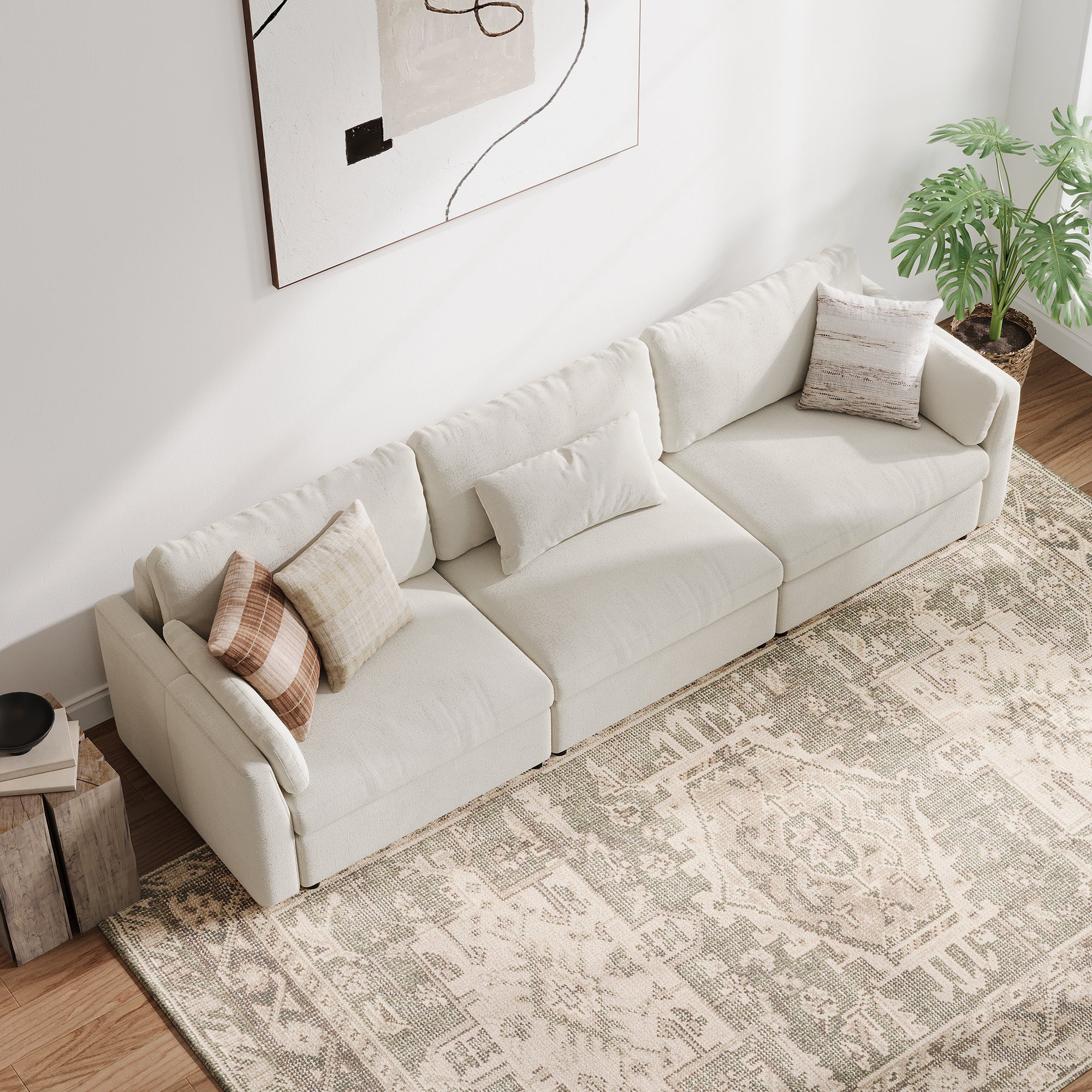 3-Seater Cream Chenille Modular Sofa with Deep Seat