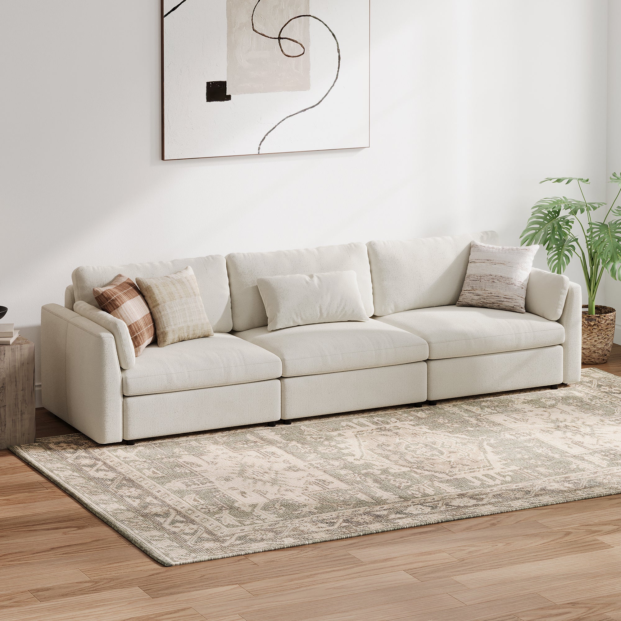 3-Seater Cream Chenille Modular Sofa with Deep Seat