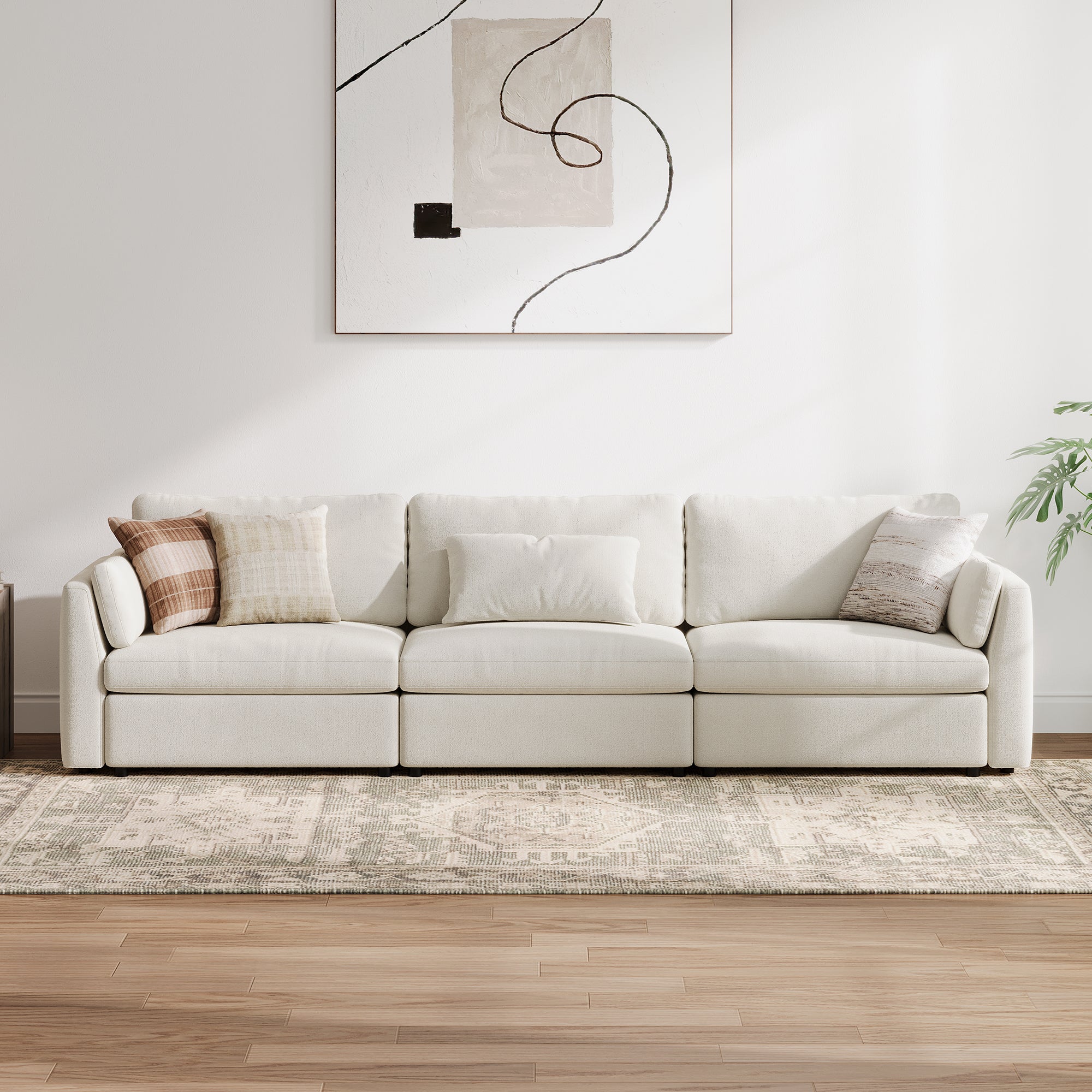 3-Seater Cream Chenille Modular Sofa with Deep Seat