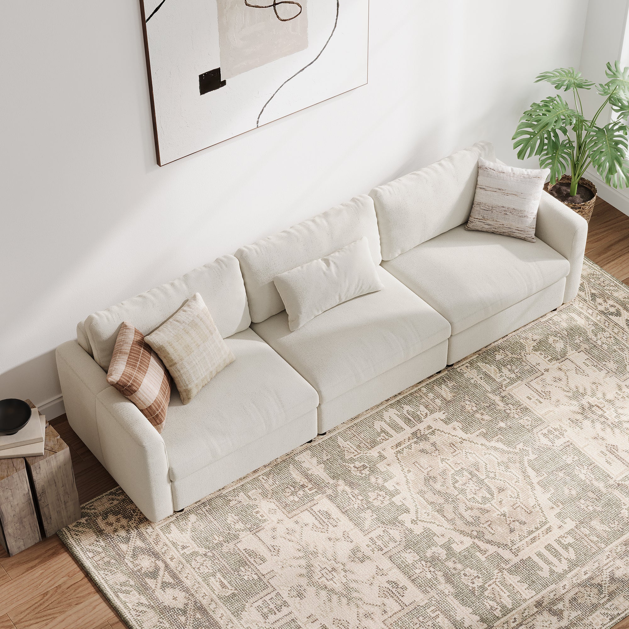 3-Seater Cream Chenille Modular Sofa with Deep Seat