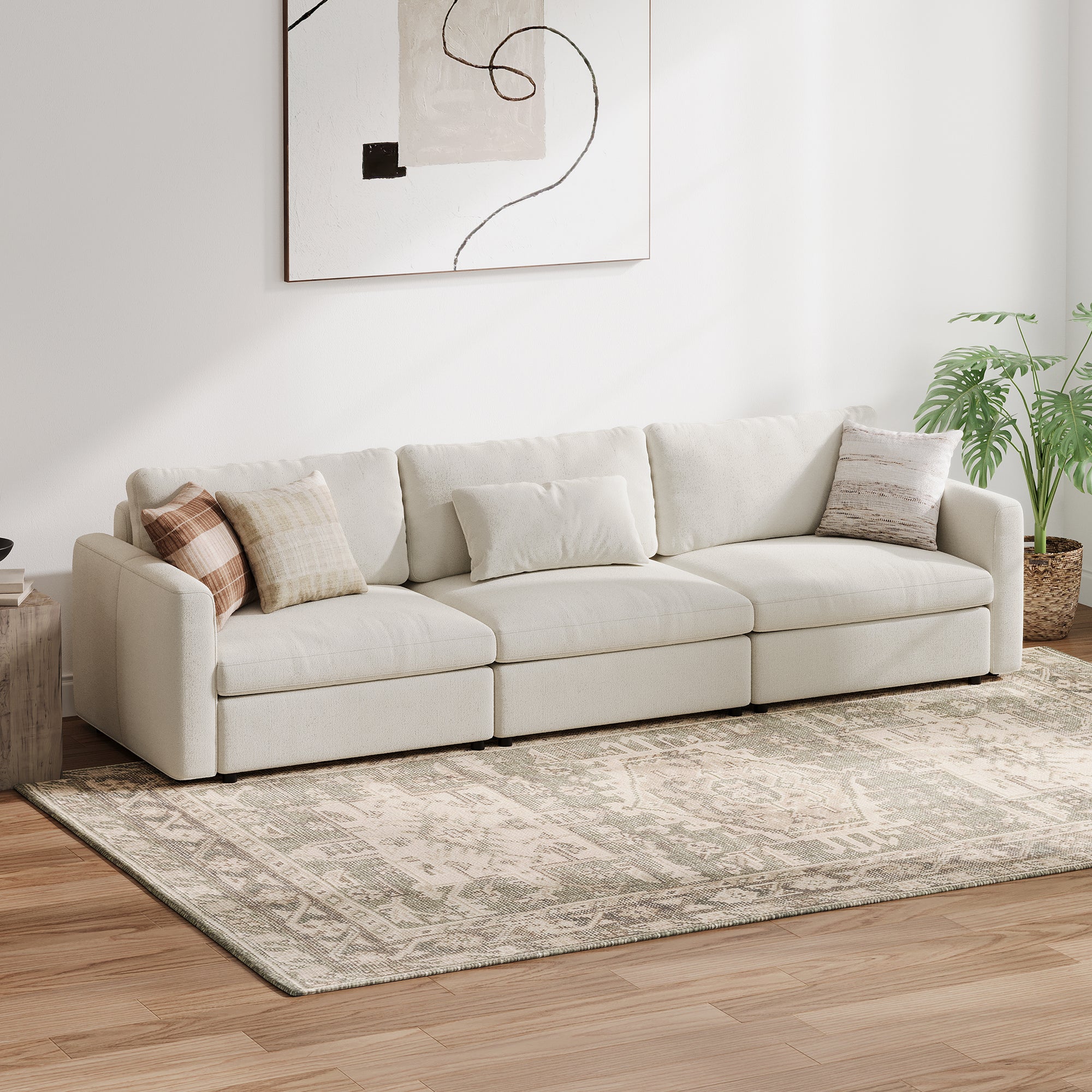 3-Seater Cream Chenille Modular Sofa with Deep Seat
