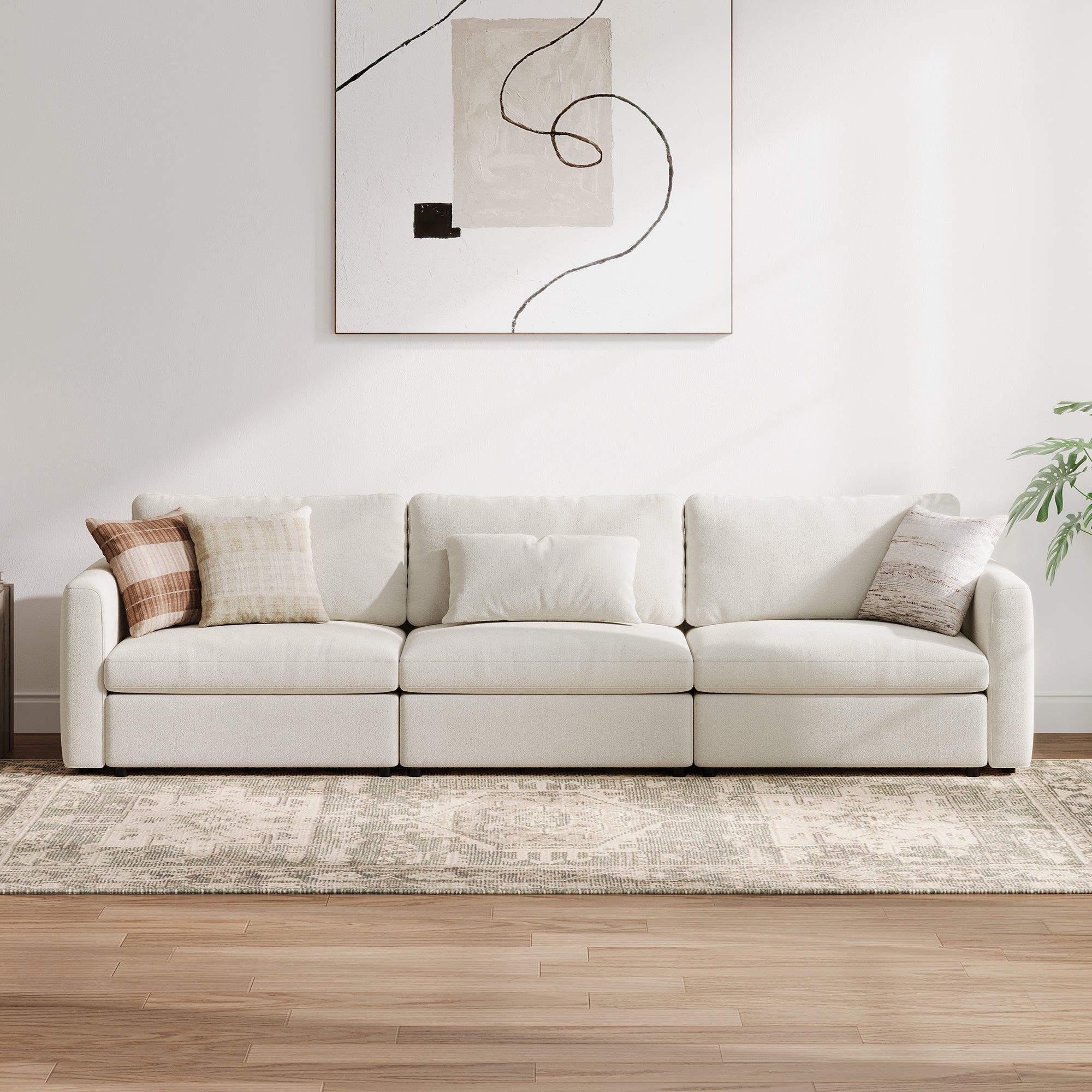 3-Seater Cream Chenille Modular Sofa with Deep Seat
