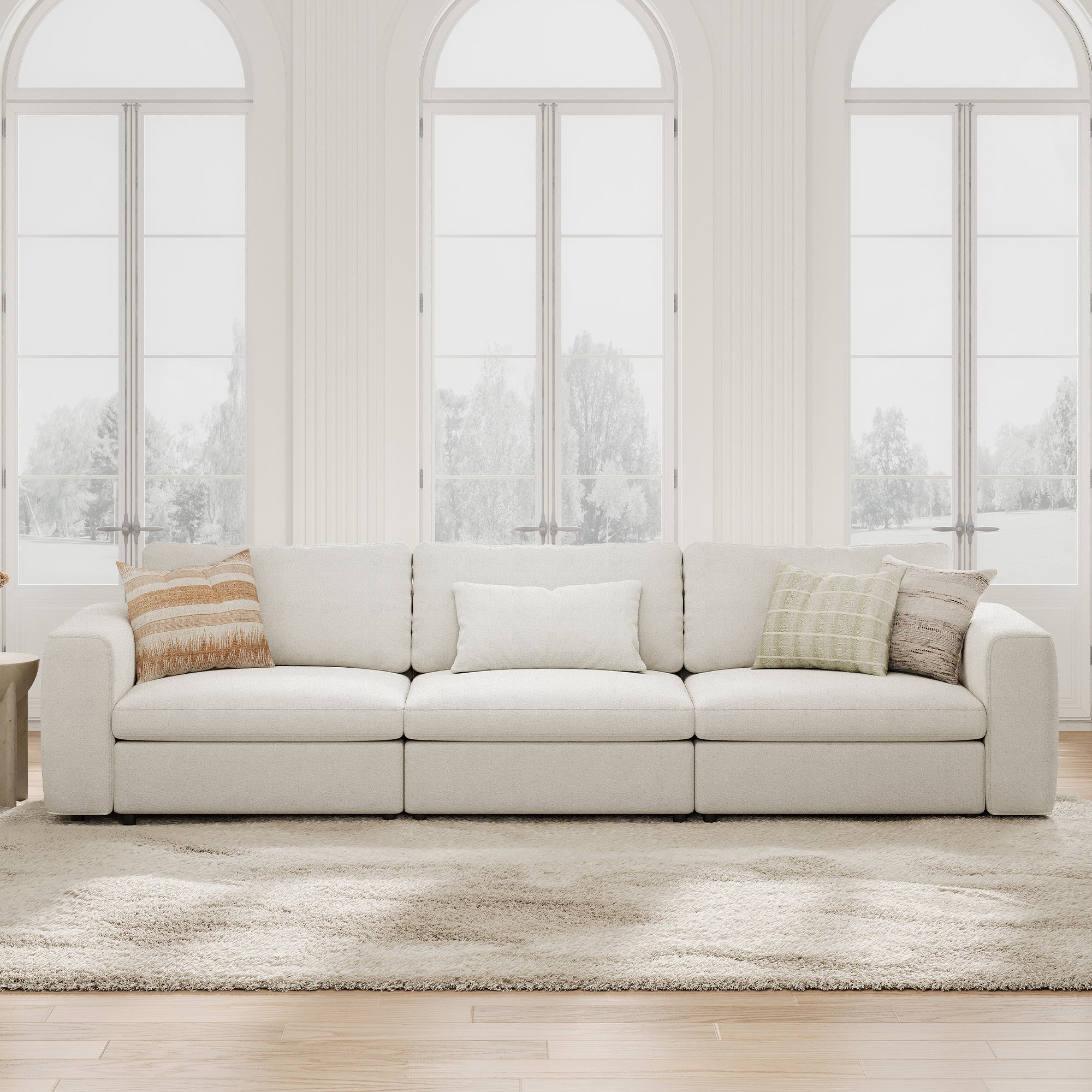 3-Seater Cream Chenille Modular Sofa with Deep Seat