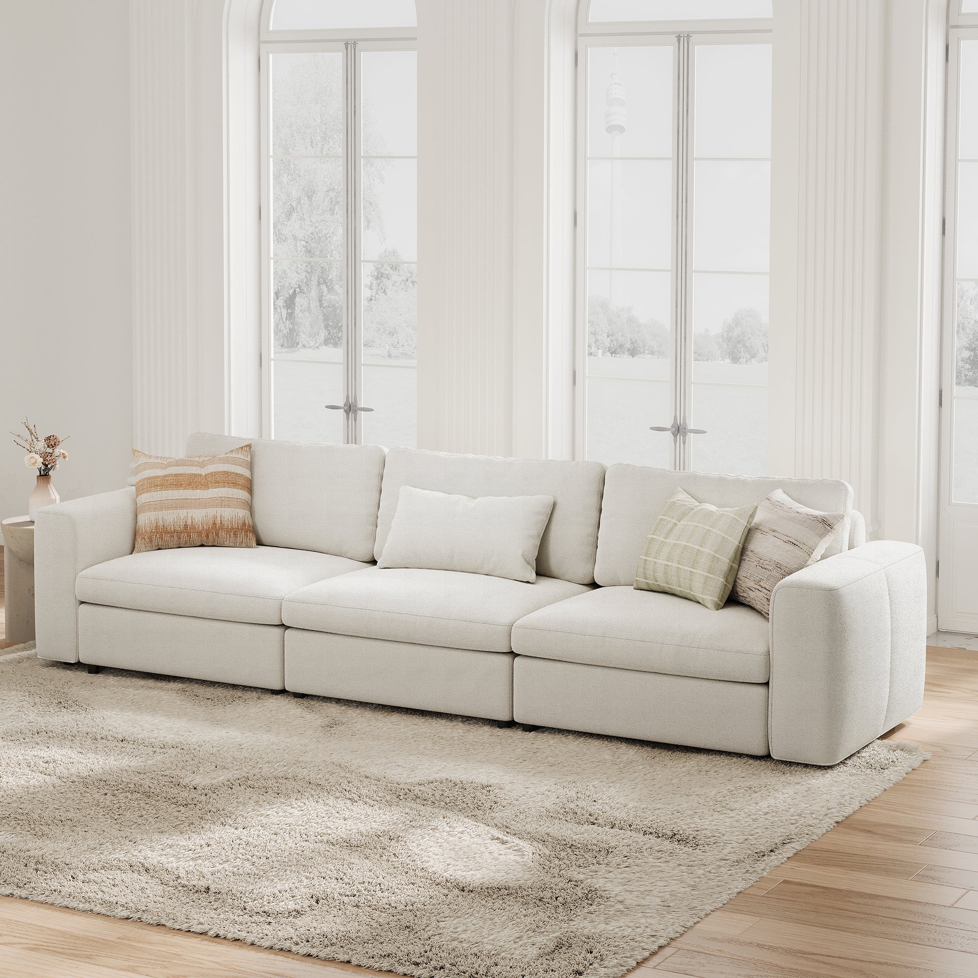 3-Seater Cream Chenille Modular Sofa with Deep Seat