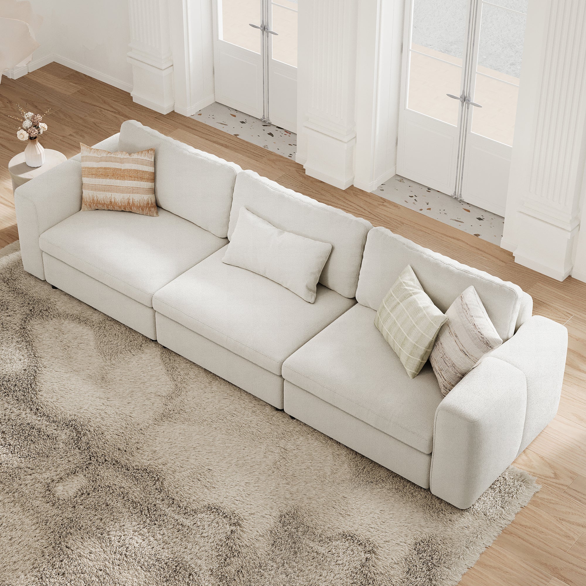 3-Seater Cream Chenille Modular Sofa with Deep Seat