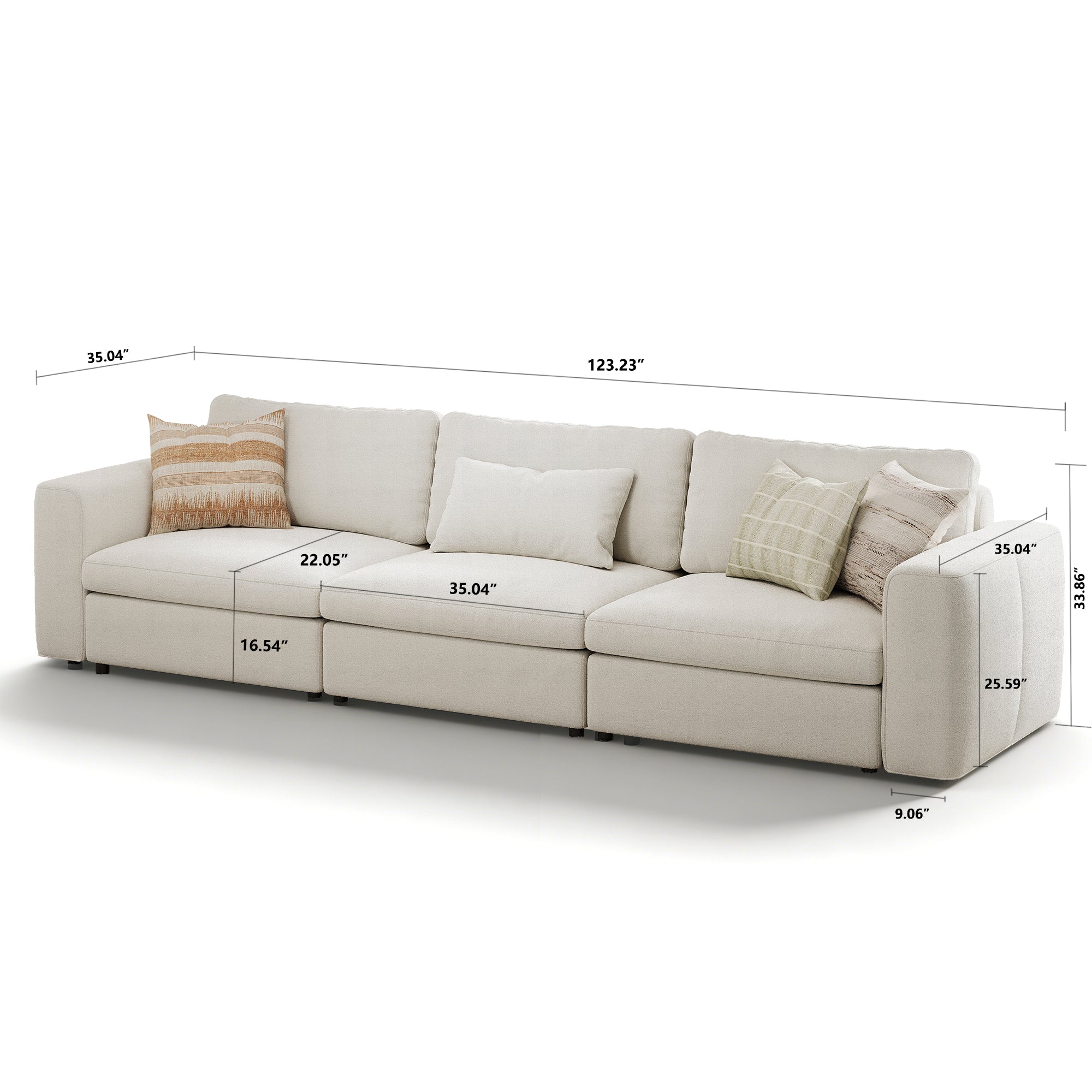3-Seater Cream Chenille Modular Sofa with Deep Seat
