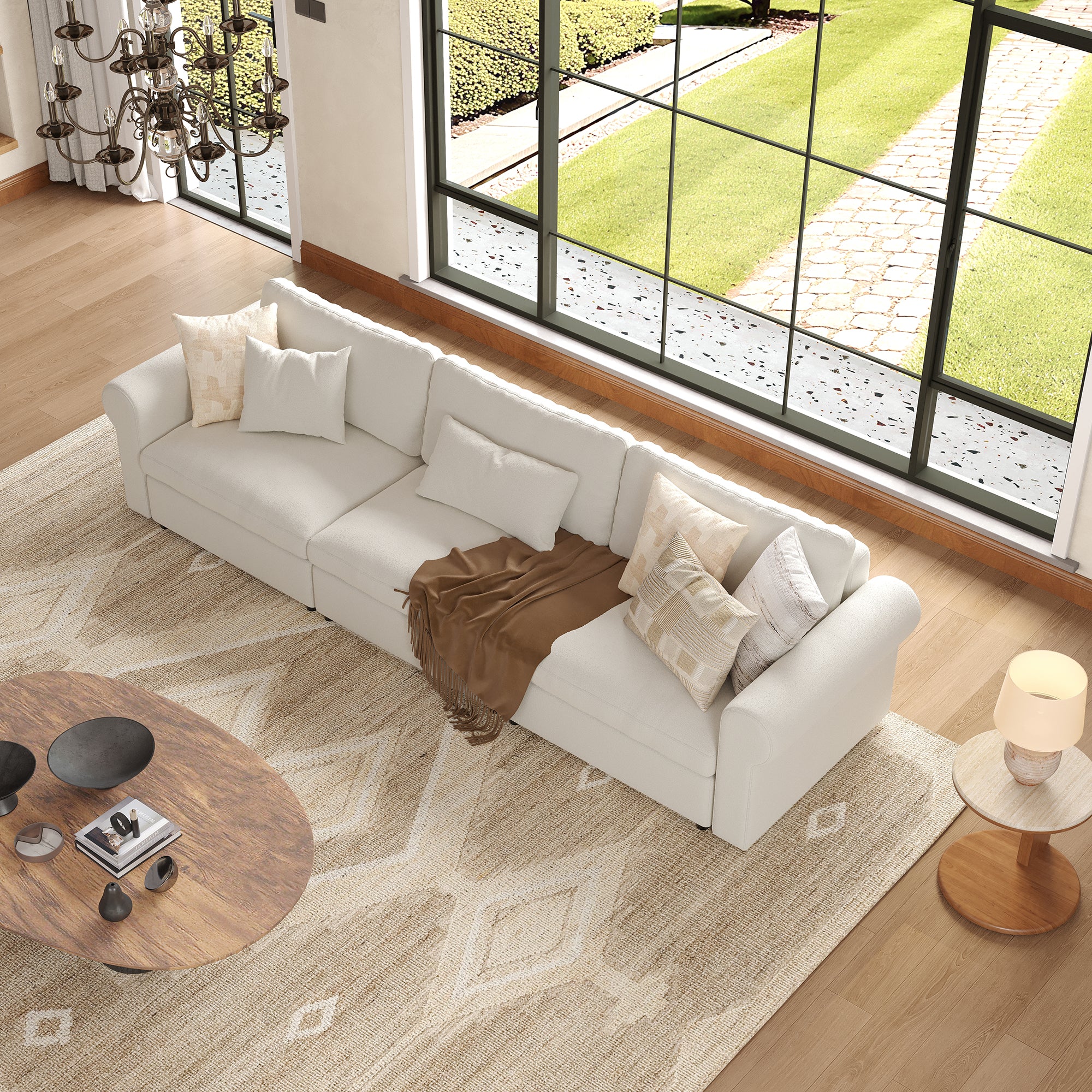 3-Seater Cream Chenille Modular Sofa with Deep Seat