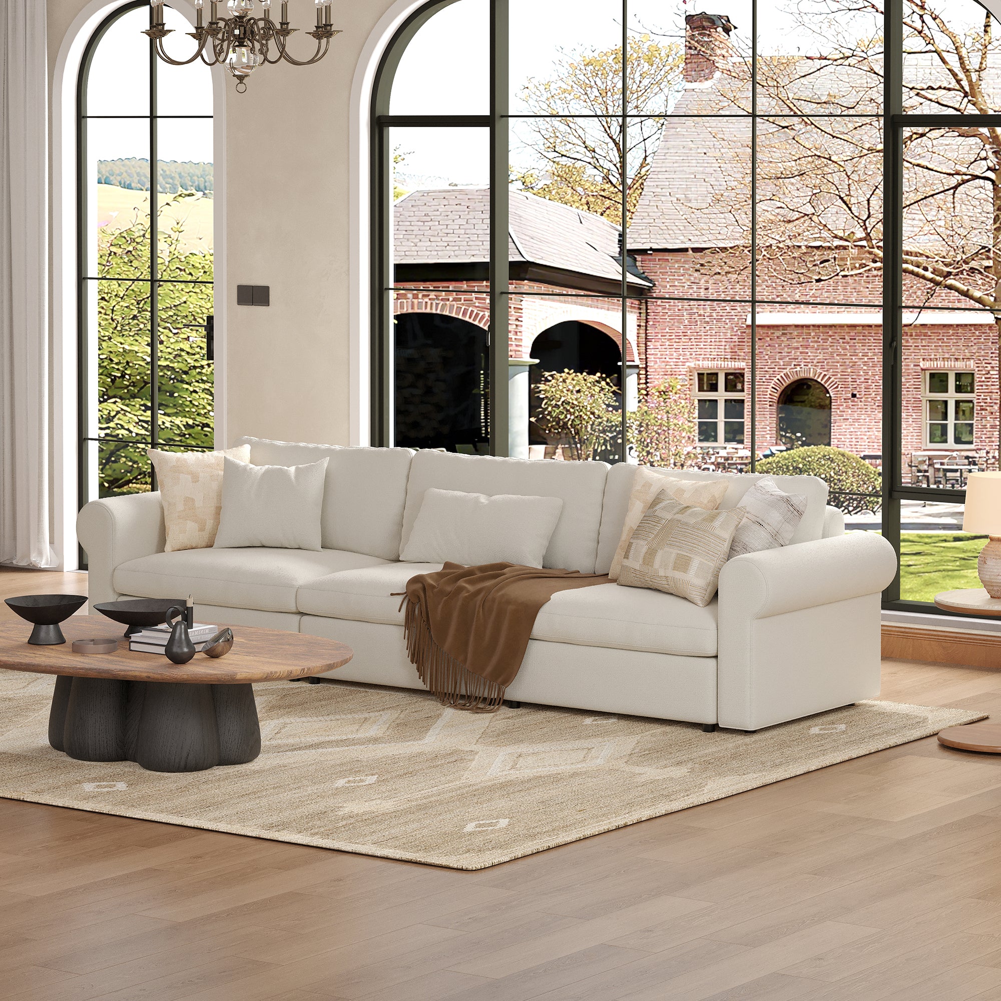 3-Seater Cream Chenille Modular Sofa with Deep Seat