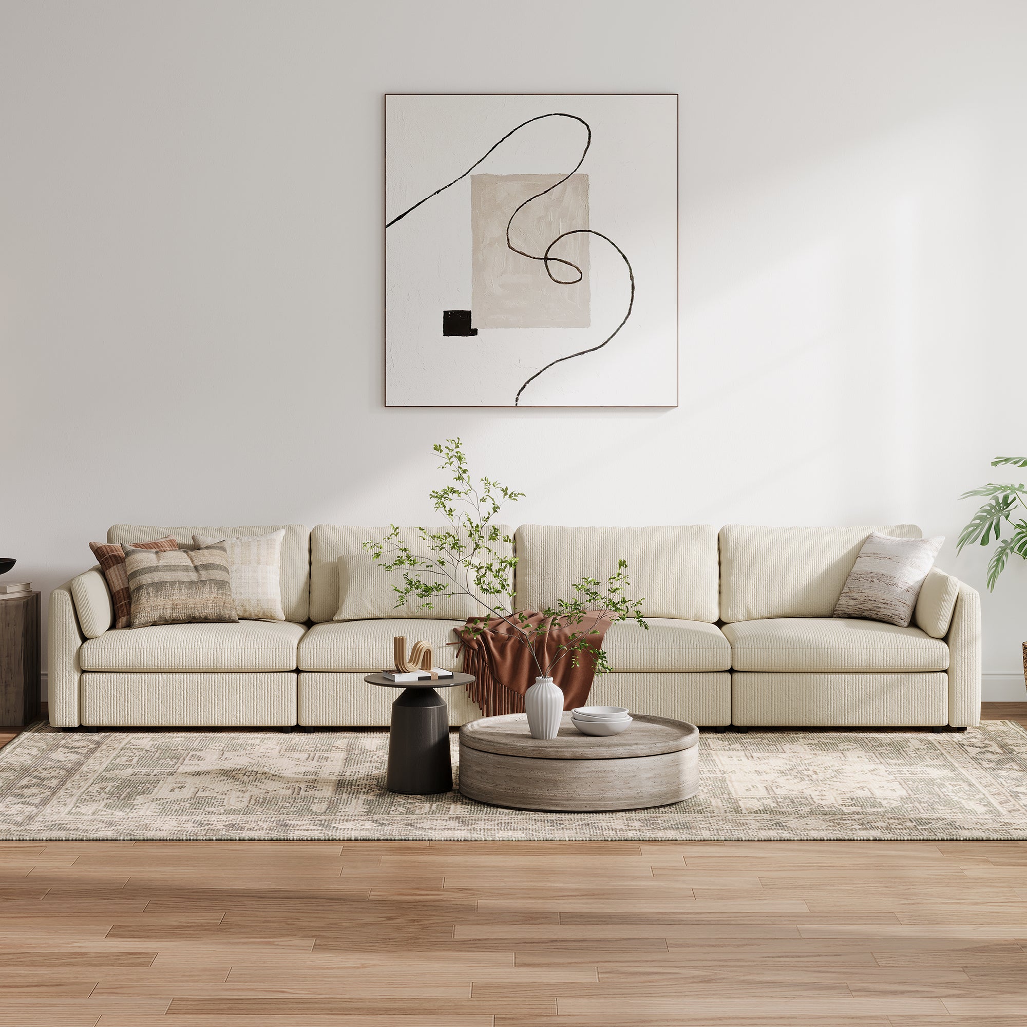 4-Seater Cream Corduroy Modular Sofa with Wide Seat