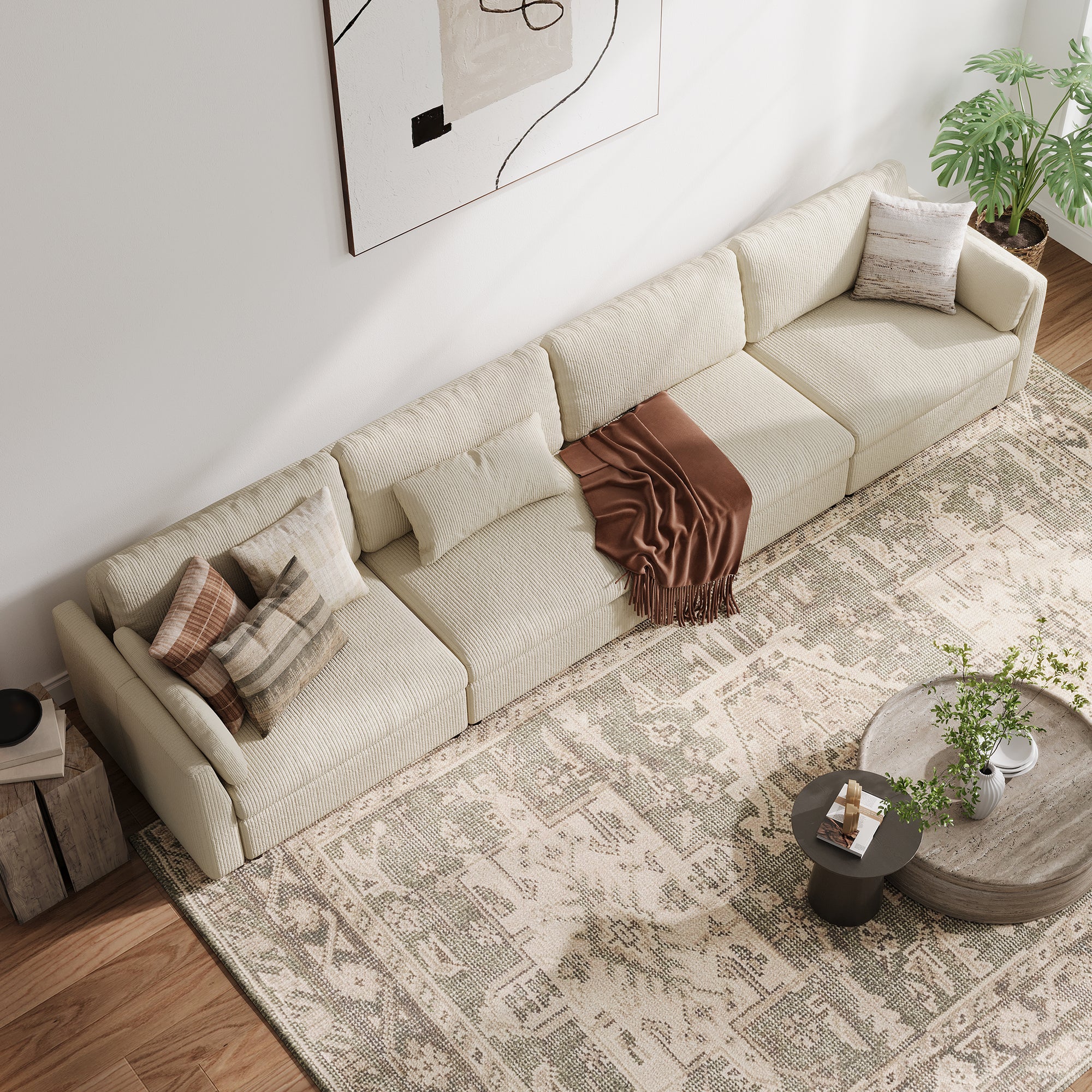 4-Seater Cream Corduroy Modular Sofa with Wide Seat