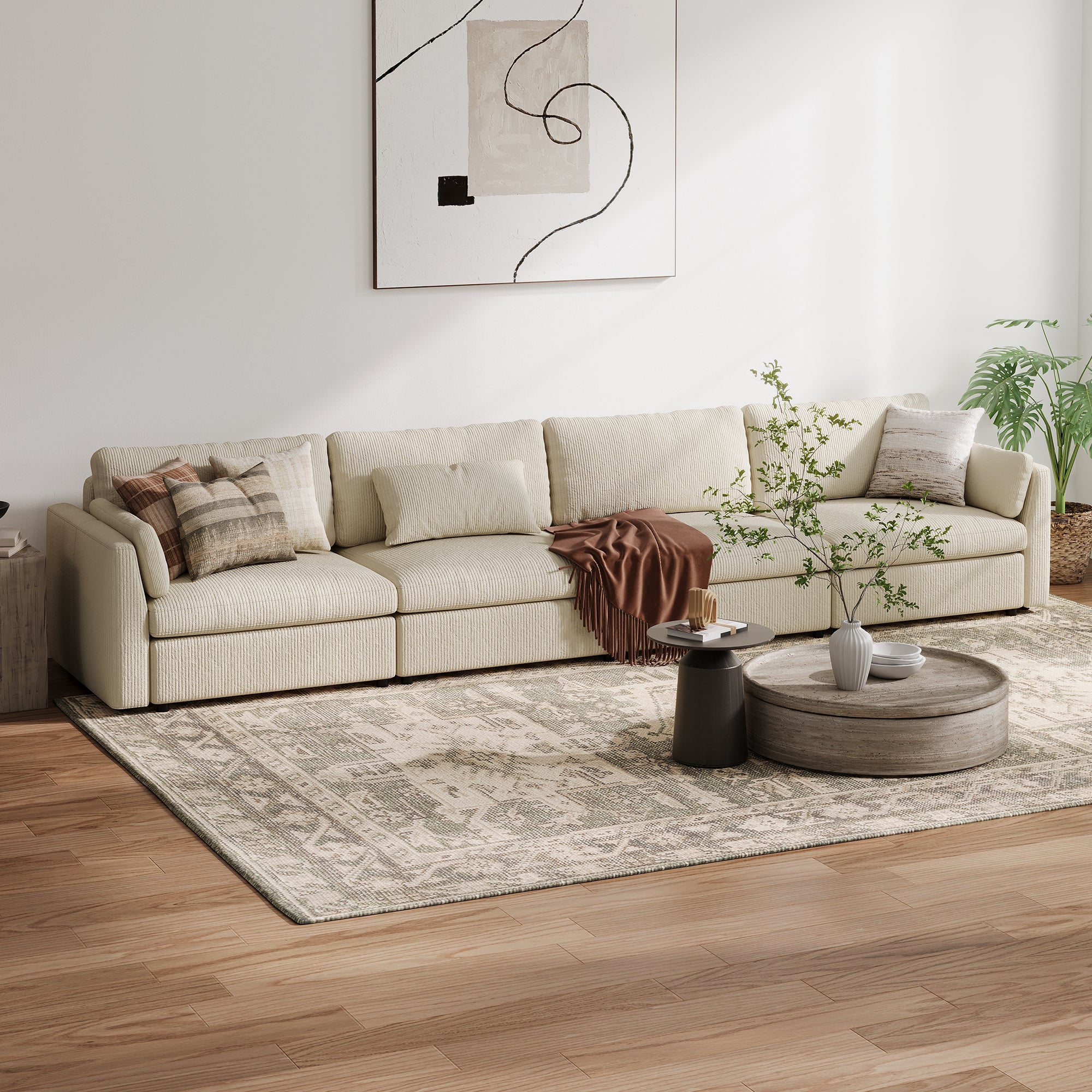 4-Seater Cream Corduroy Modular Sofa with Wide Seat