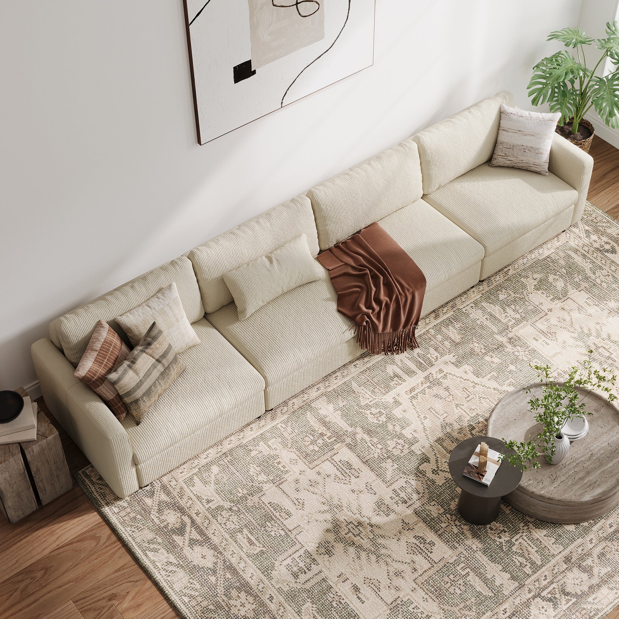 4-Seater Cream Corduroy Modular Sofa with Wide Seat