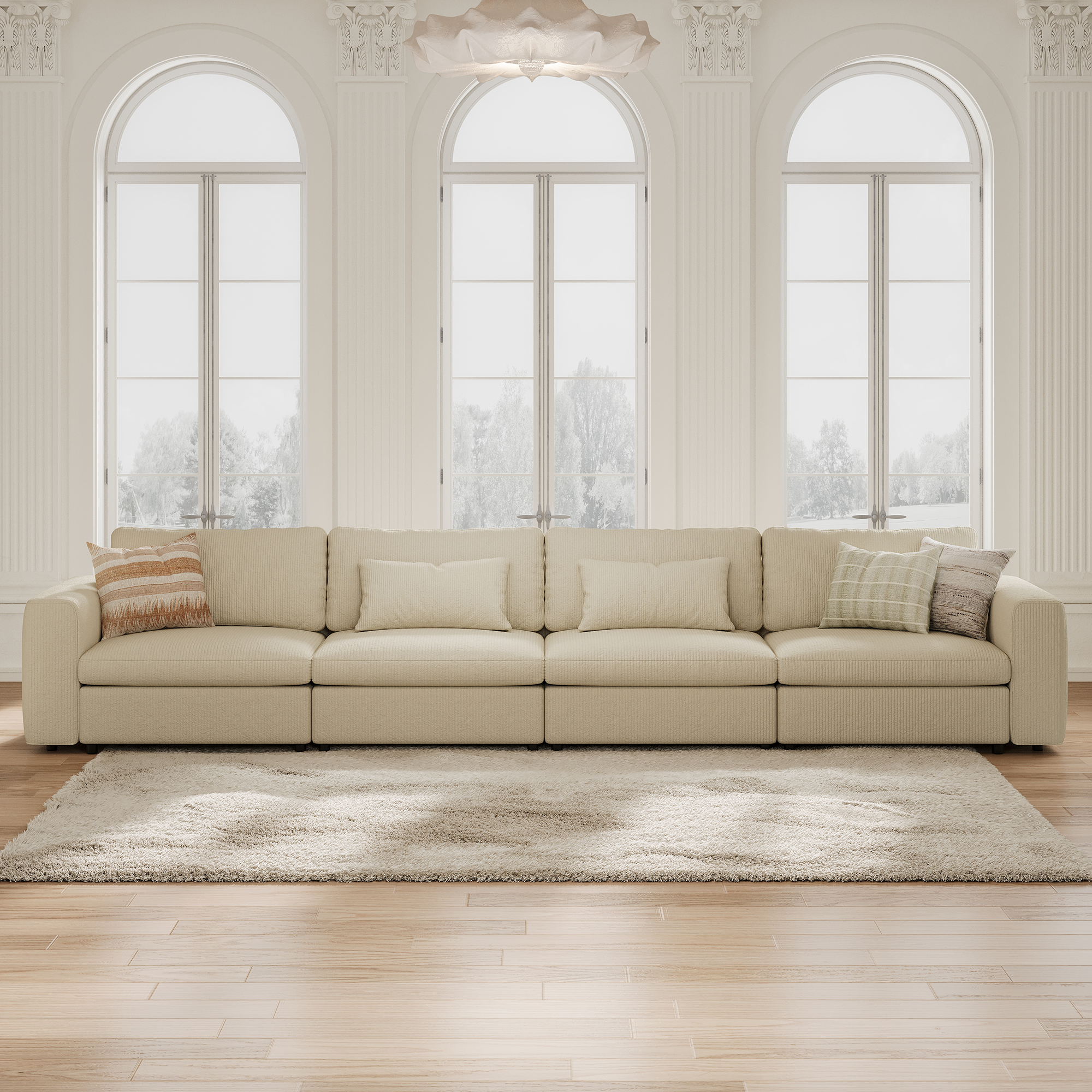 4-Seater Cream Corduroy Modular Sofa with Wide Seat