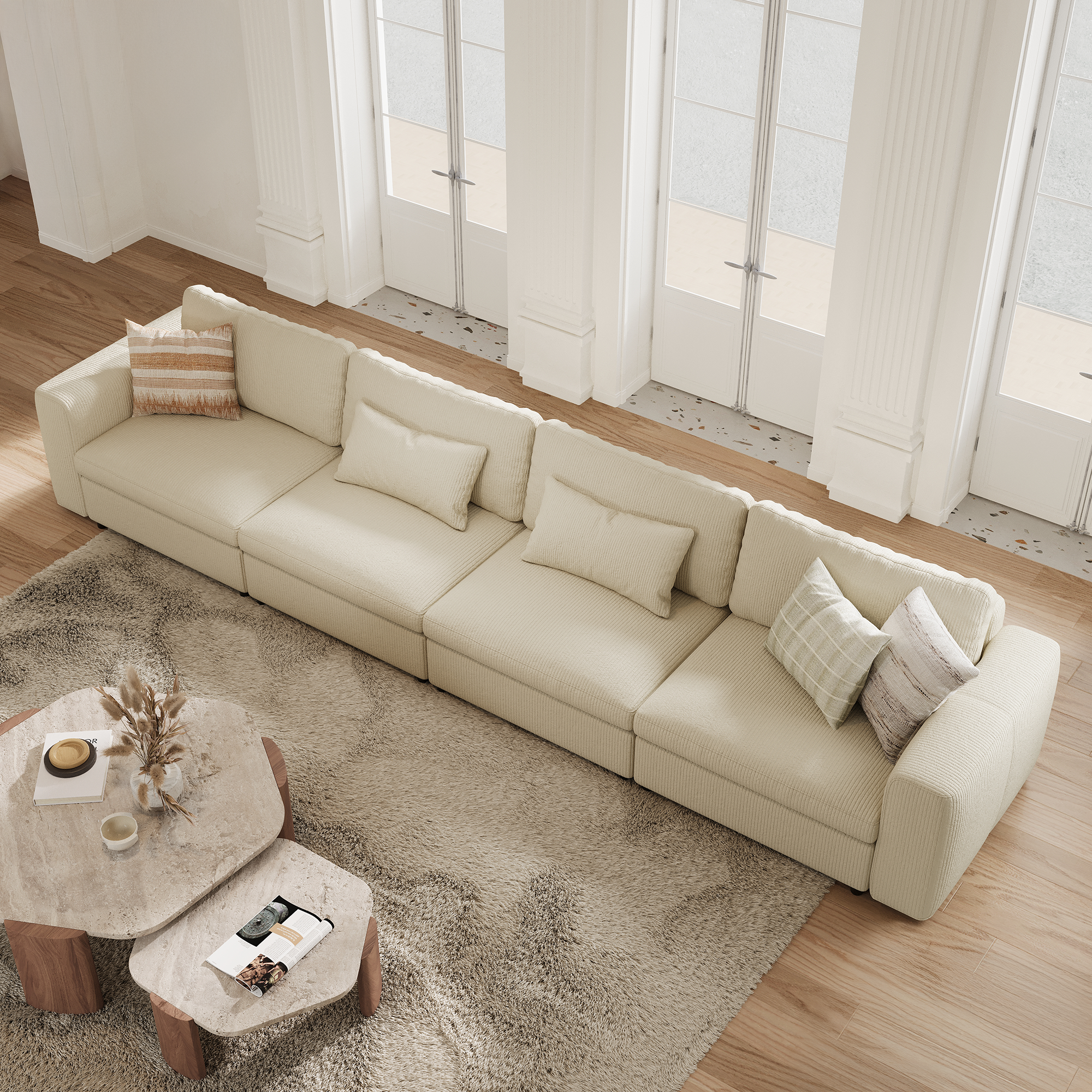 4-Seater Cream Corduroy Modular Sofa with Wide Seat