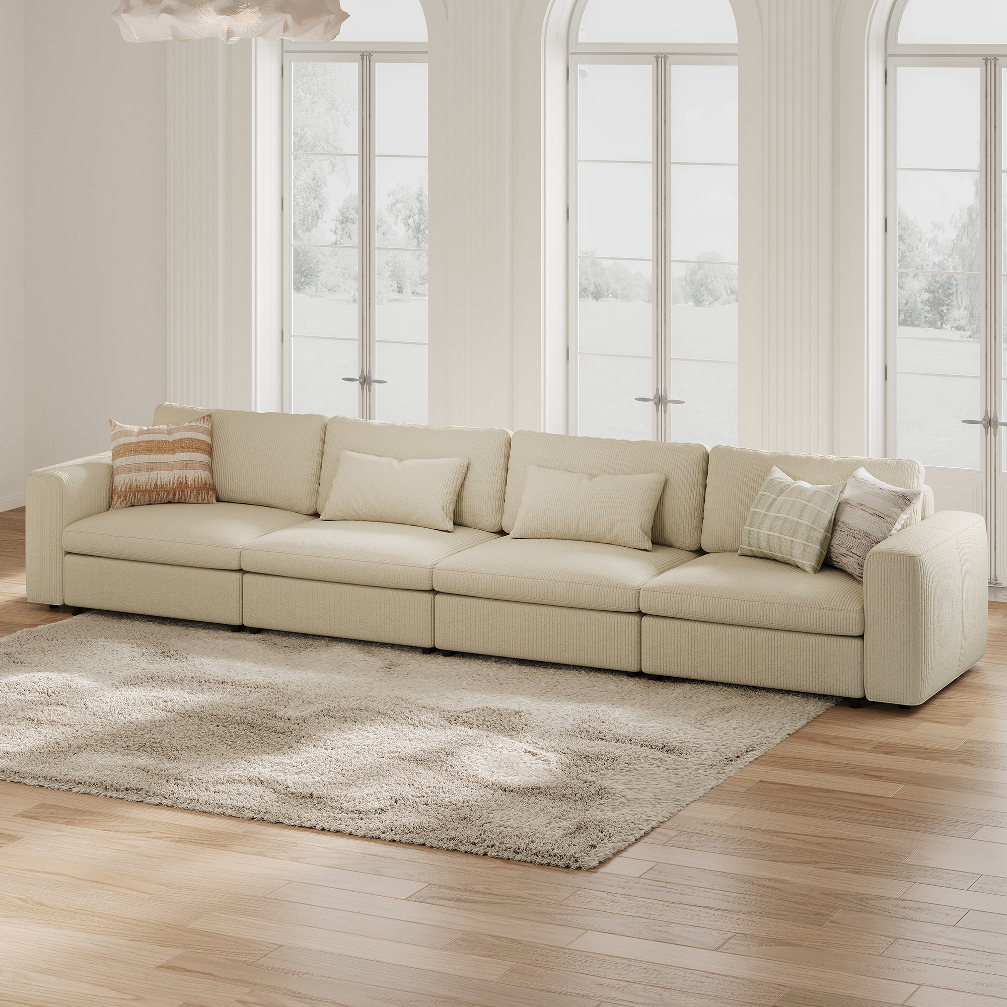 4-Seater Cream Corduroy Modular Sofa with Wide Seat