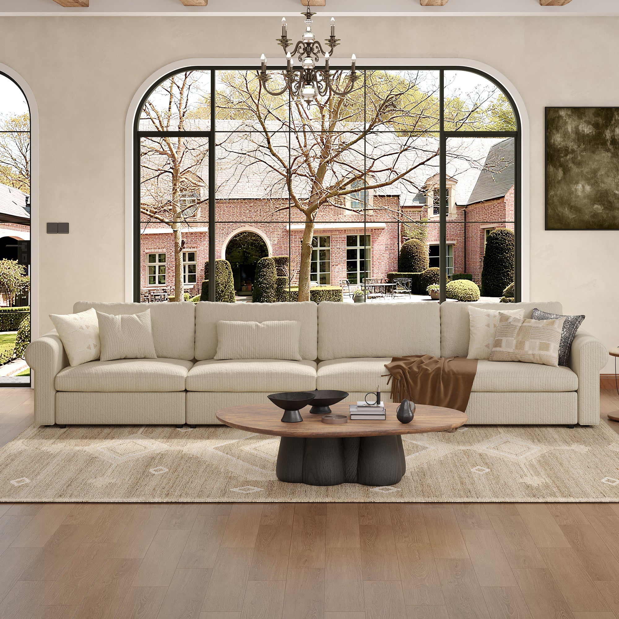 4-Seater Cream Corduroy Modular Sofa with Deep Seat