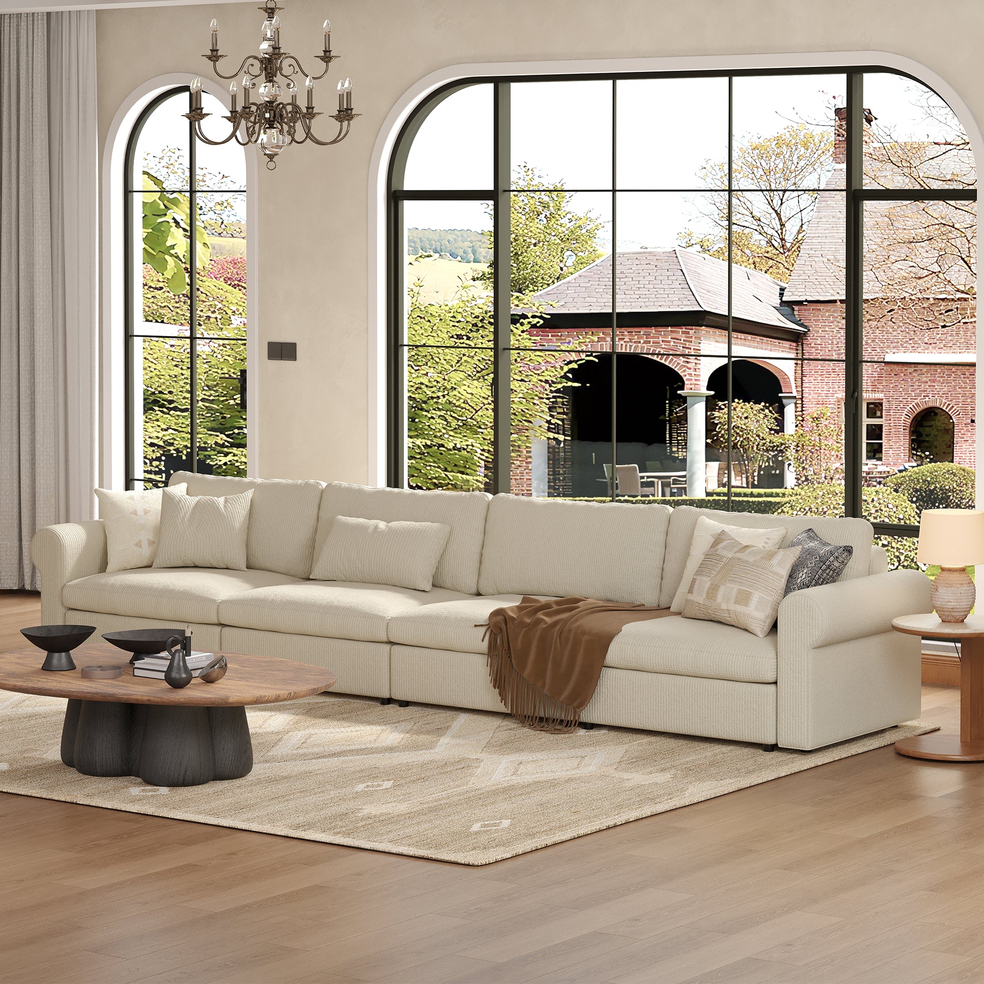 4-Seater Cream Corduroy Modular Sofa with Deep Seat