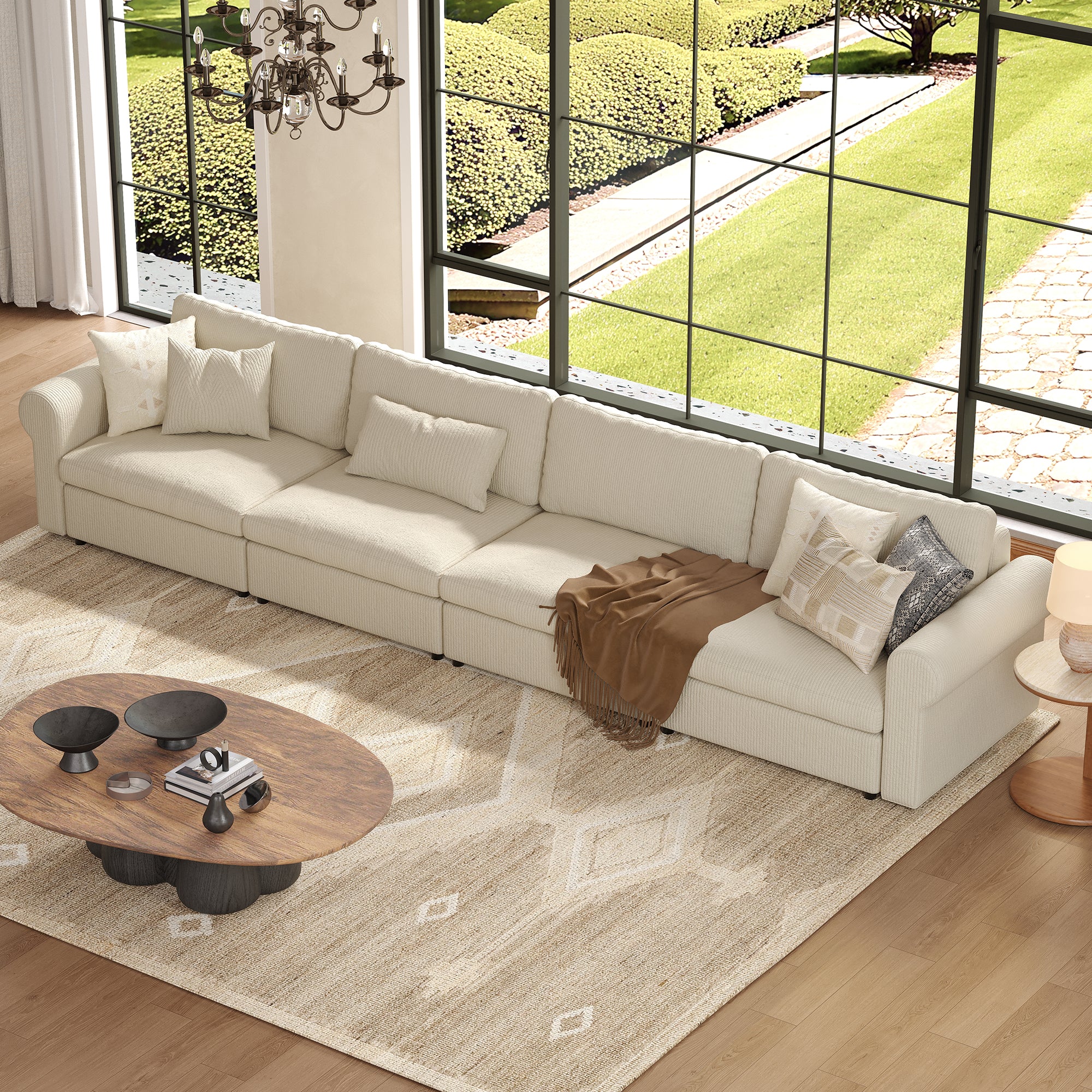 4-Seater Cream Corduroy Modular Sofa with Wide Seat