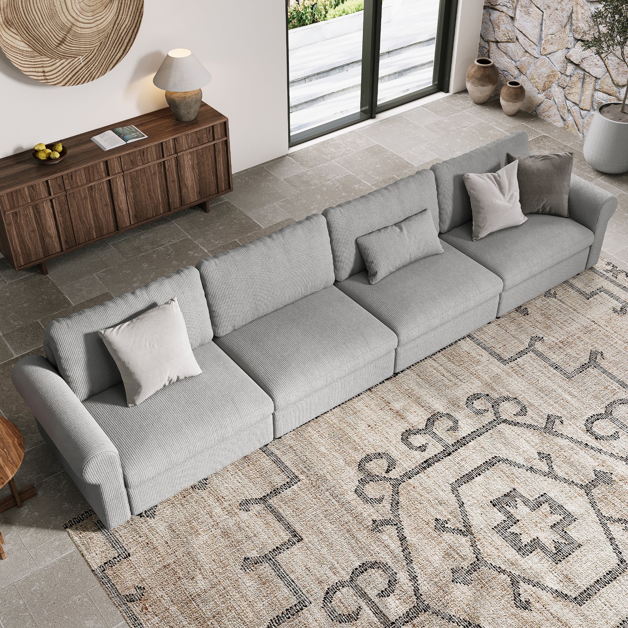 4-Seater Dove Grey Corduroy Modular Sofa with Deep Seat