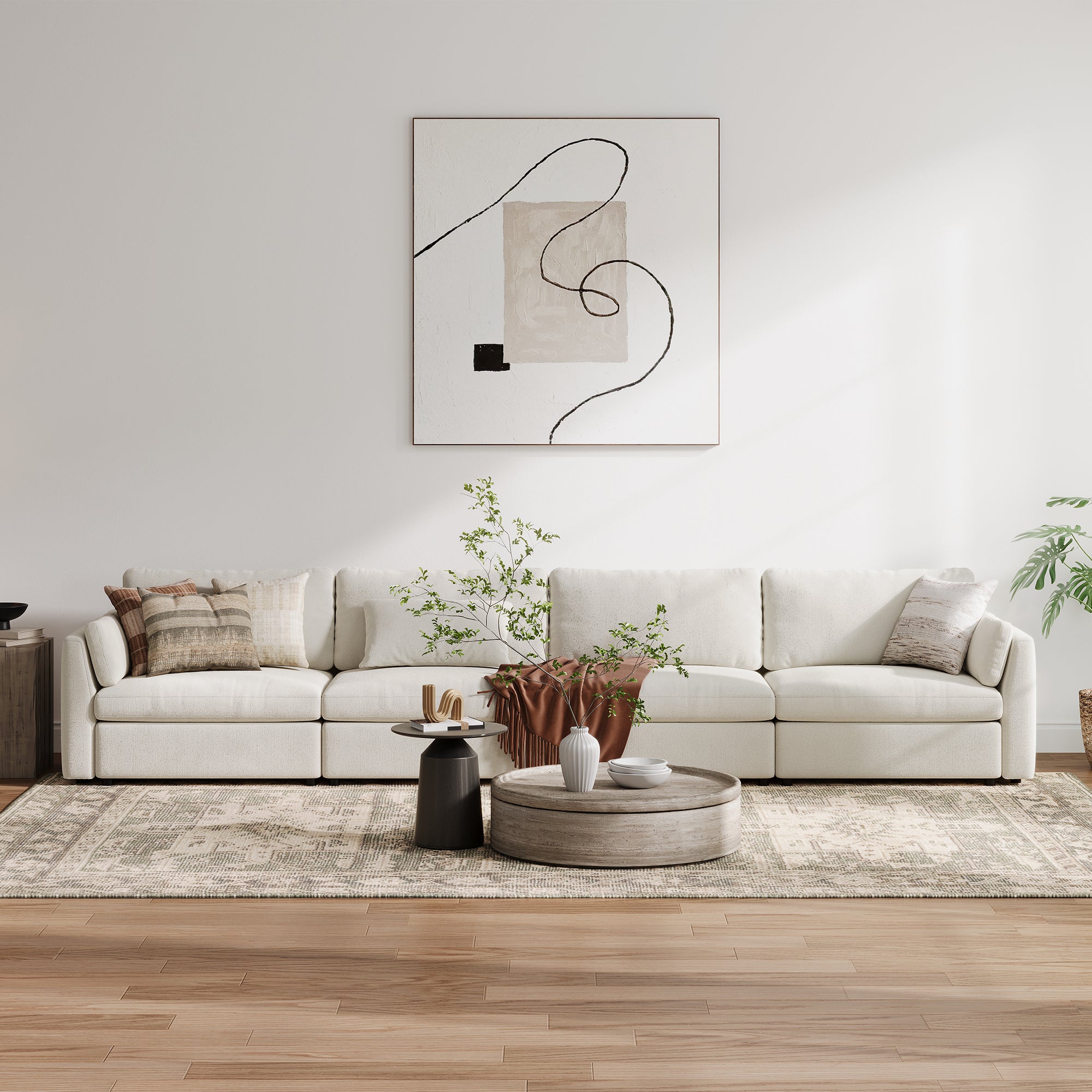 4-Seater Cream Chenille Modular Sofa with Wide Seat
