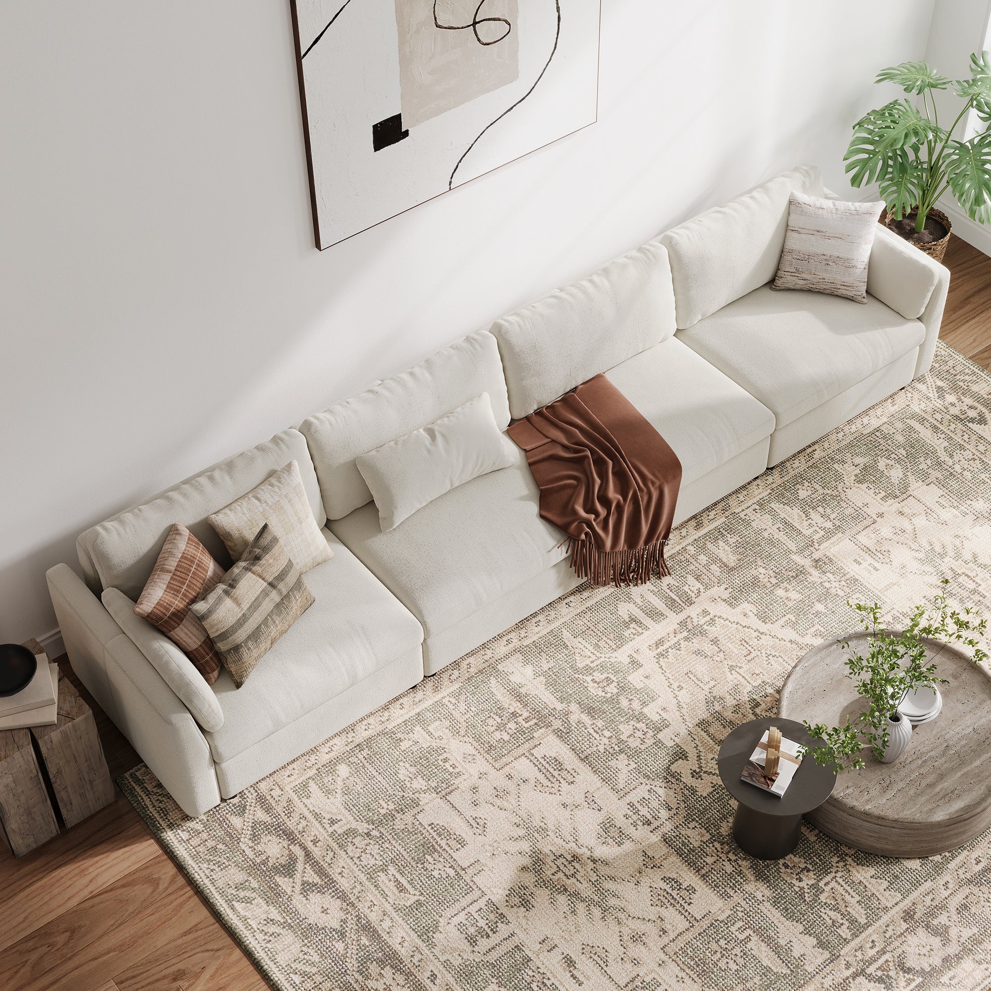 4-Seater Cream Chenille Modular Sofa with Wide Seat