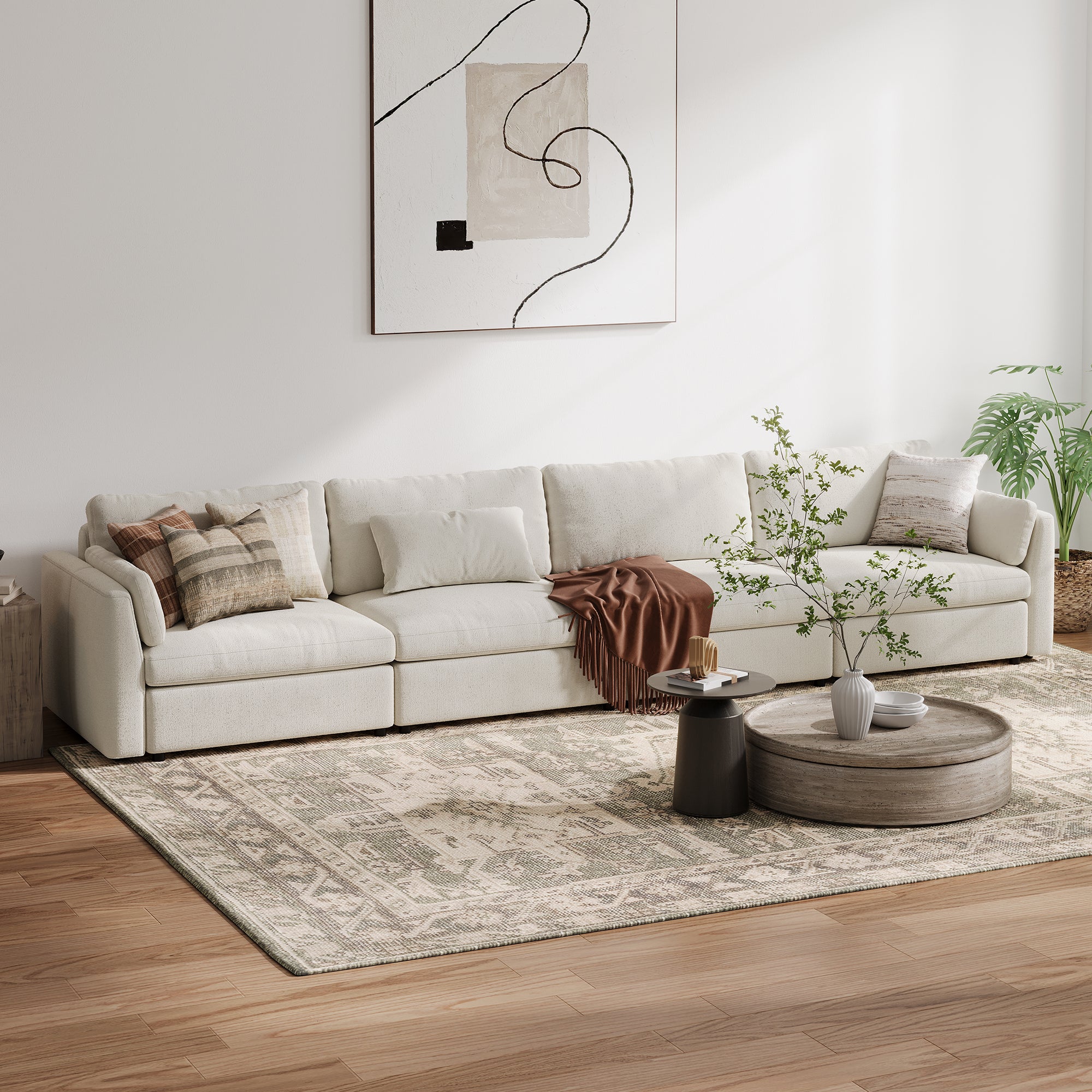 4-Seater Cream Chenille Modular Sofa with Wide Seat