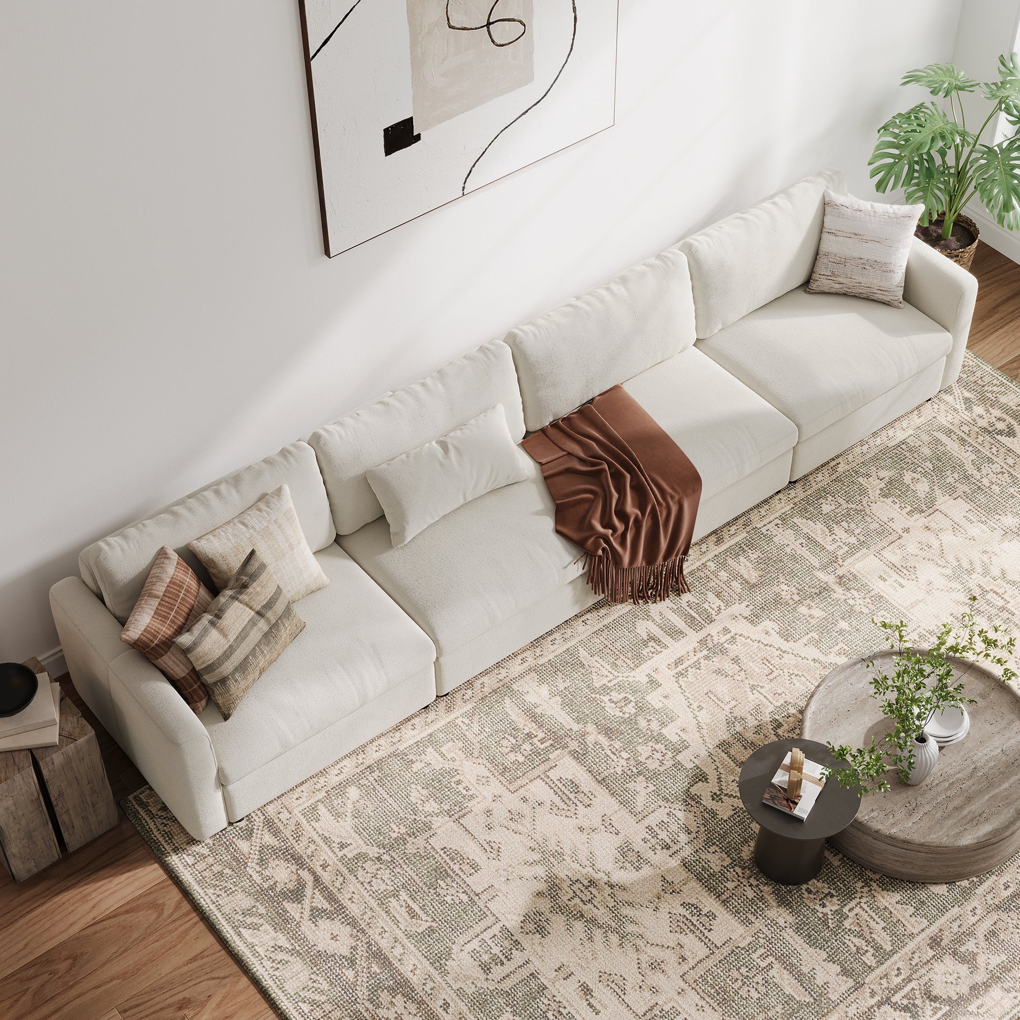 4-Seater Cream Chenille Modular Sofa with Wide Seat