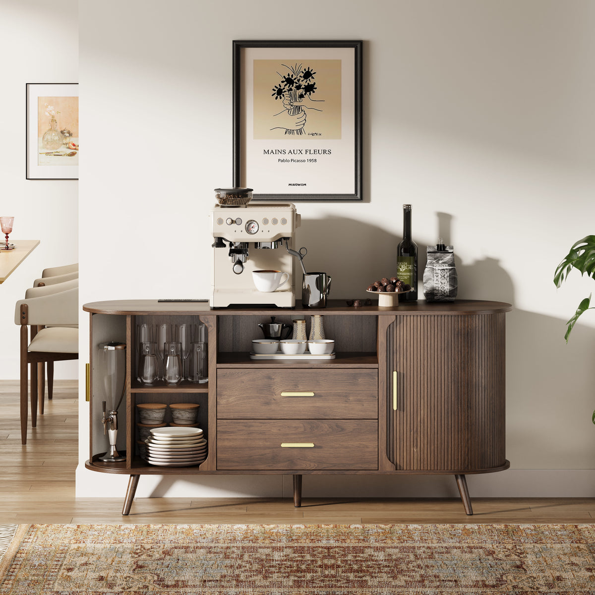 60" Fluted Sideboard Cabinet with Sliding Doors & Adjustable Shelf