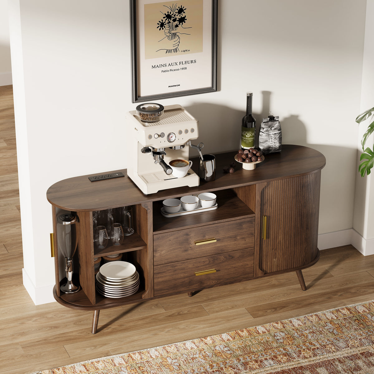 60" Fluted Sideboard Cabinet with Sliding Doors & Adjustable Shelf