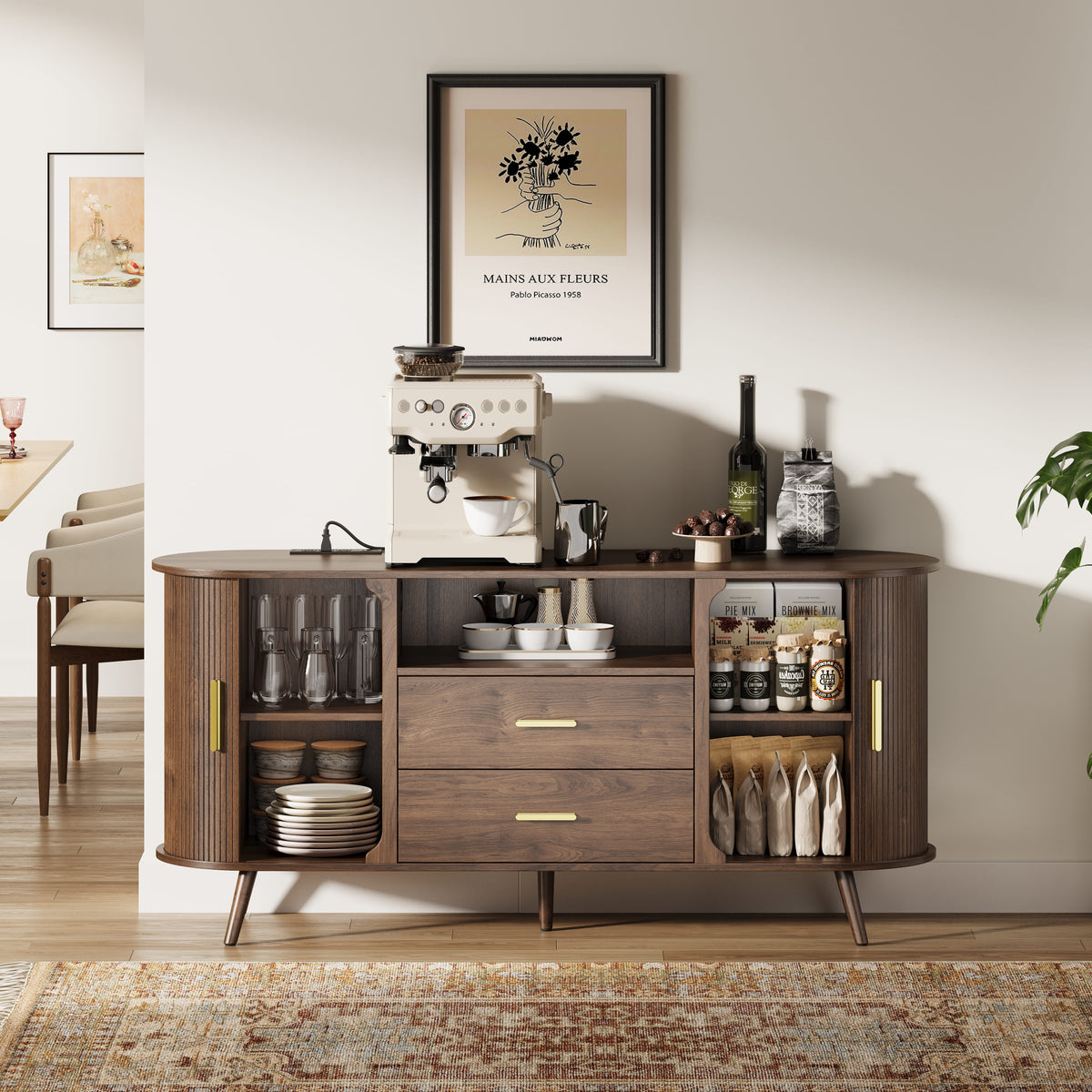 60" Fluted Sideboard Cabinet with Sliding Doors & Adjustable Shelf
