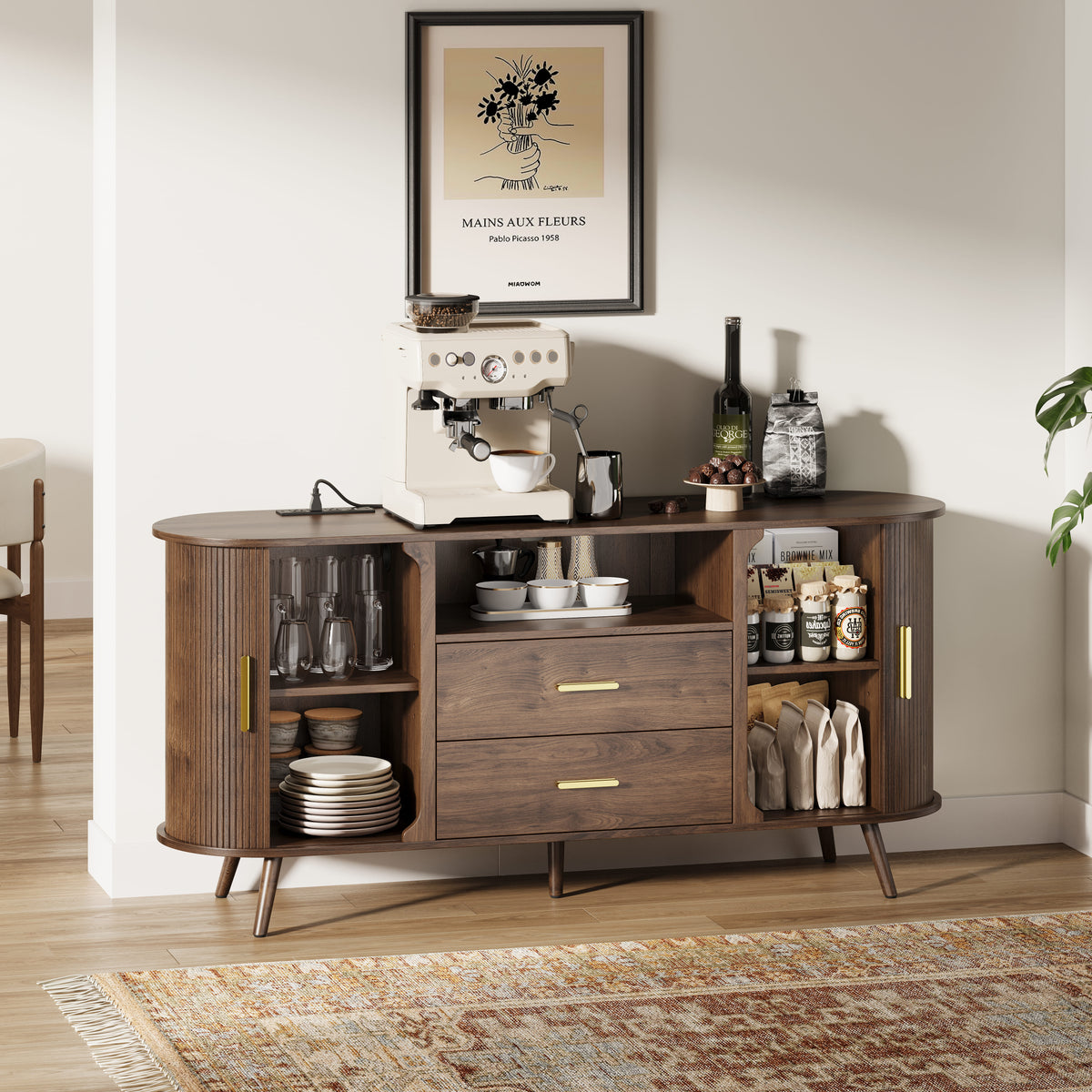 60" Fluted Sideboard Cabinet with Sliding Doors & Adjustable Shelf