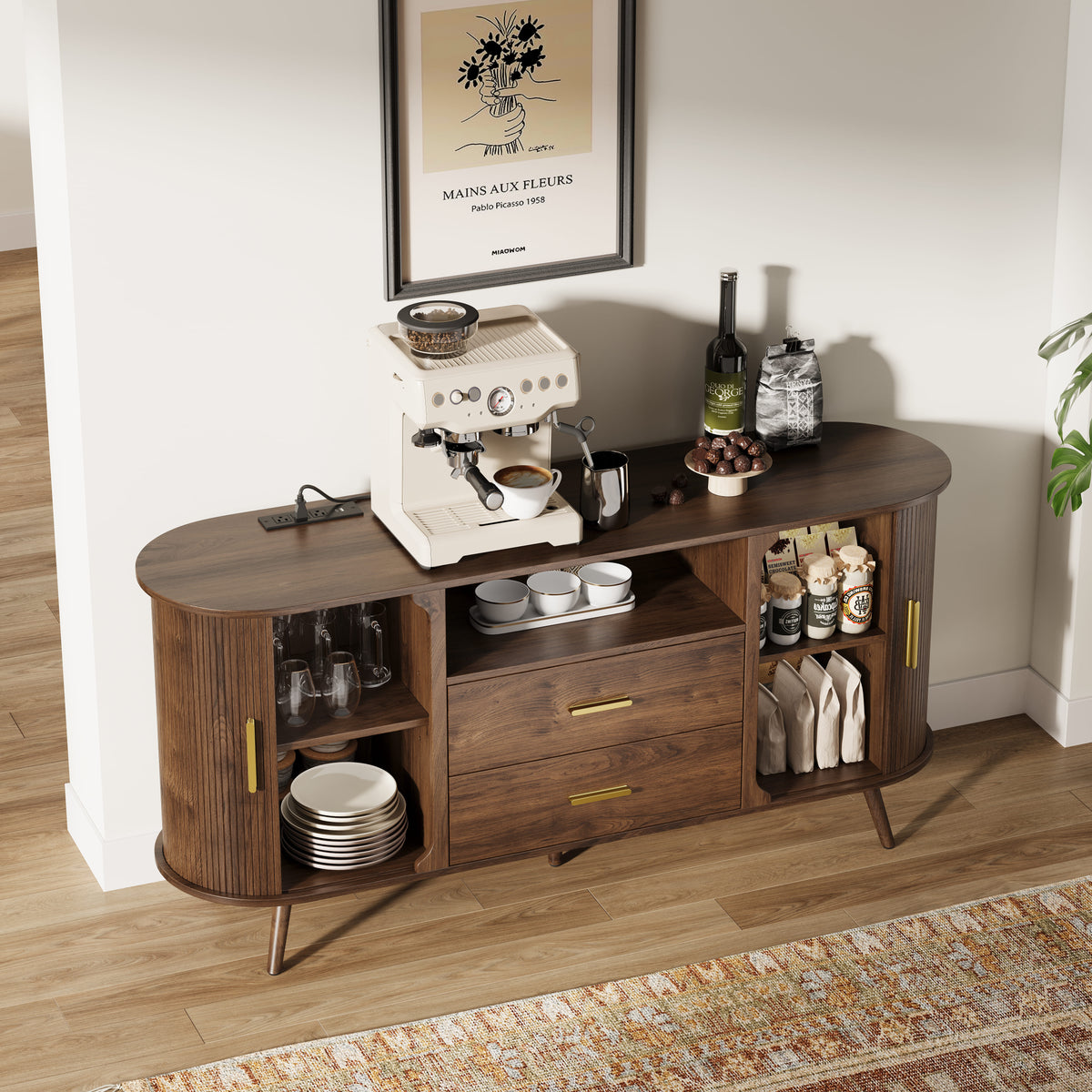 60" Fluted Sideboard Cabinet with Sliding Doors & Adjustable Shelf
