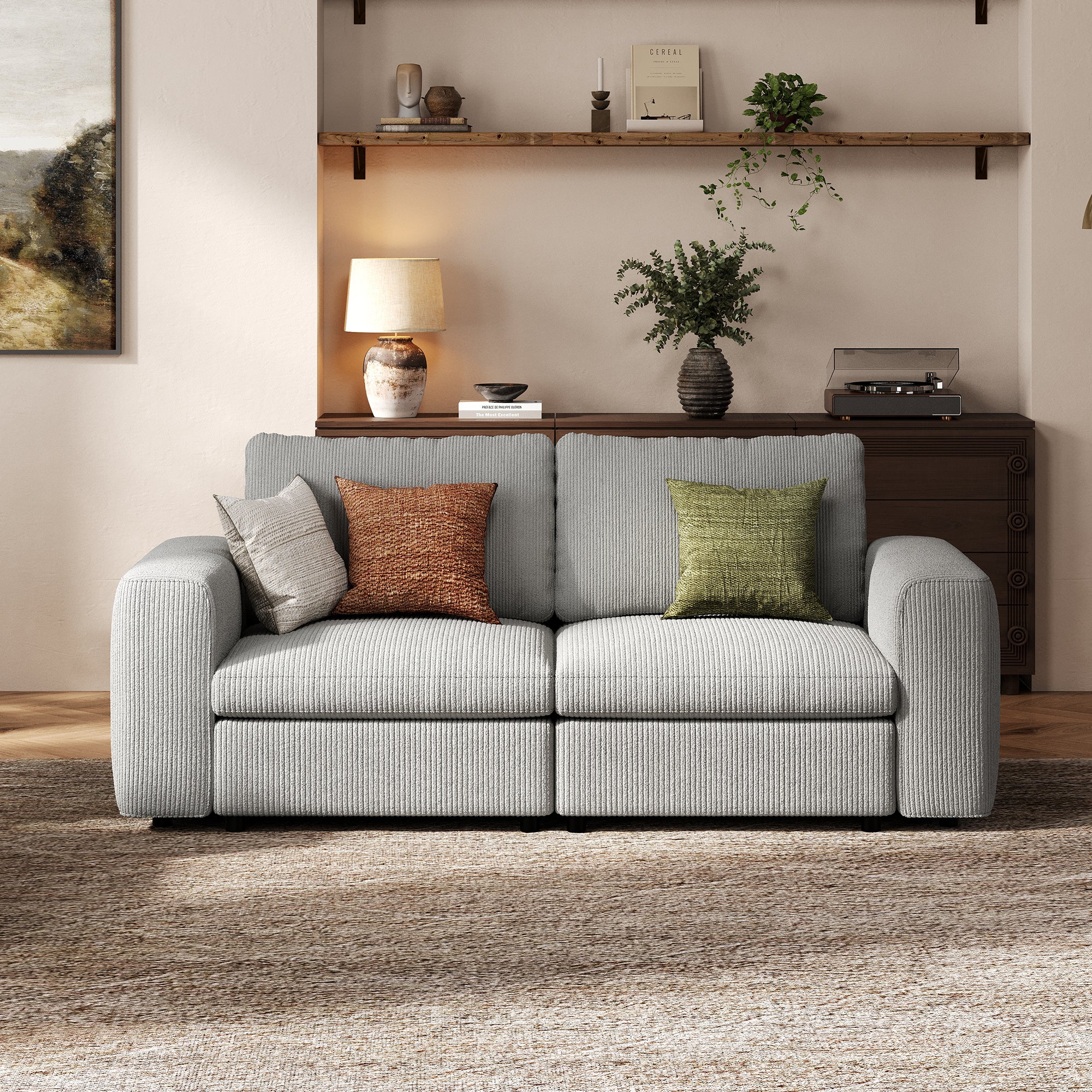 2-Seater Dove Grey Corduroy Modular Sofa with Deep Seat