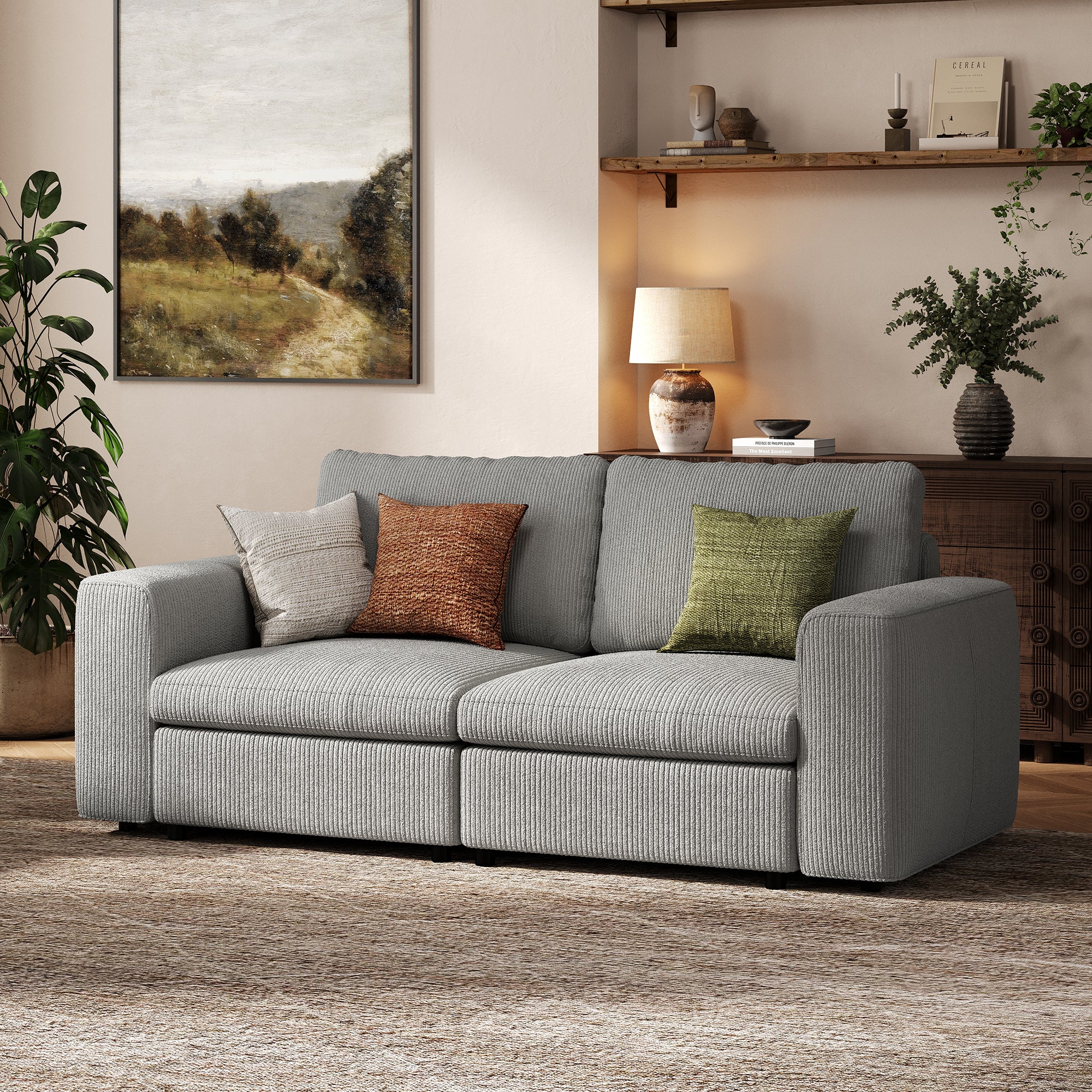 2-Seater Dove Grey Corduroy Modular Sofa with Deep Seat
