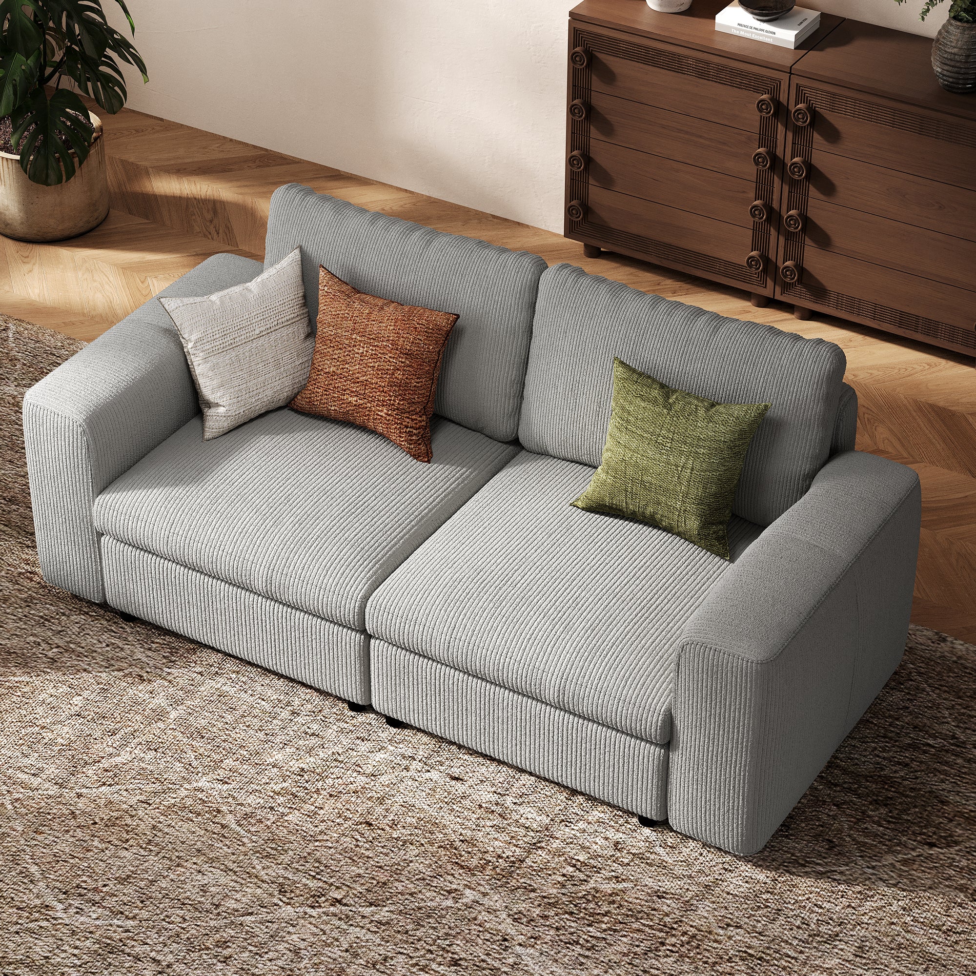2-Seater Dove Grey Corduroy Modular Sofa with Deep Seat