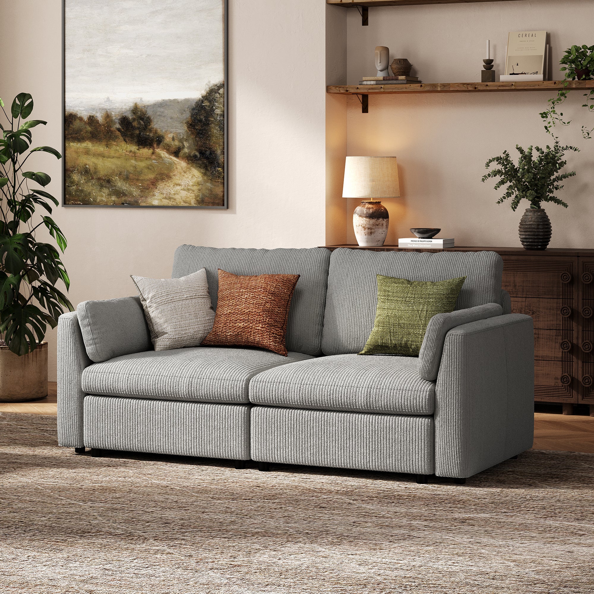 2-Seater Dove Grey Corduroy Modular Sofa with Deep Seat