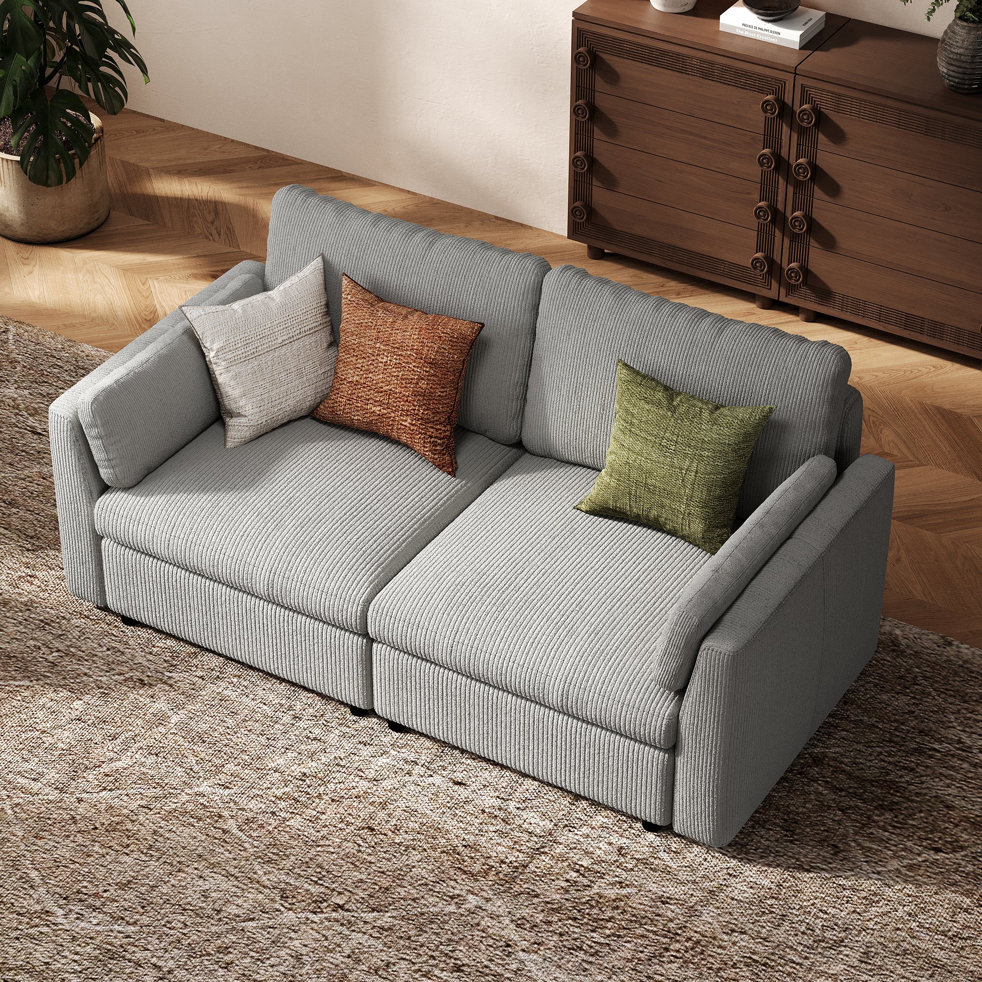 2-Seater Dove Grey Corduroy Modular Sofa with Deep Seat