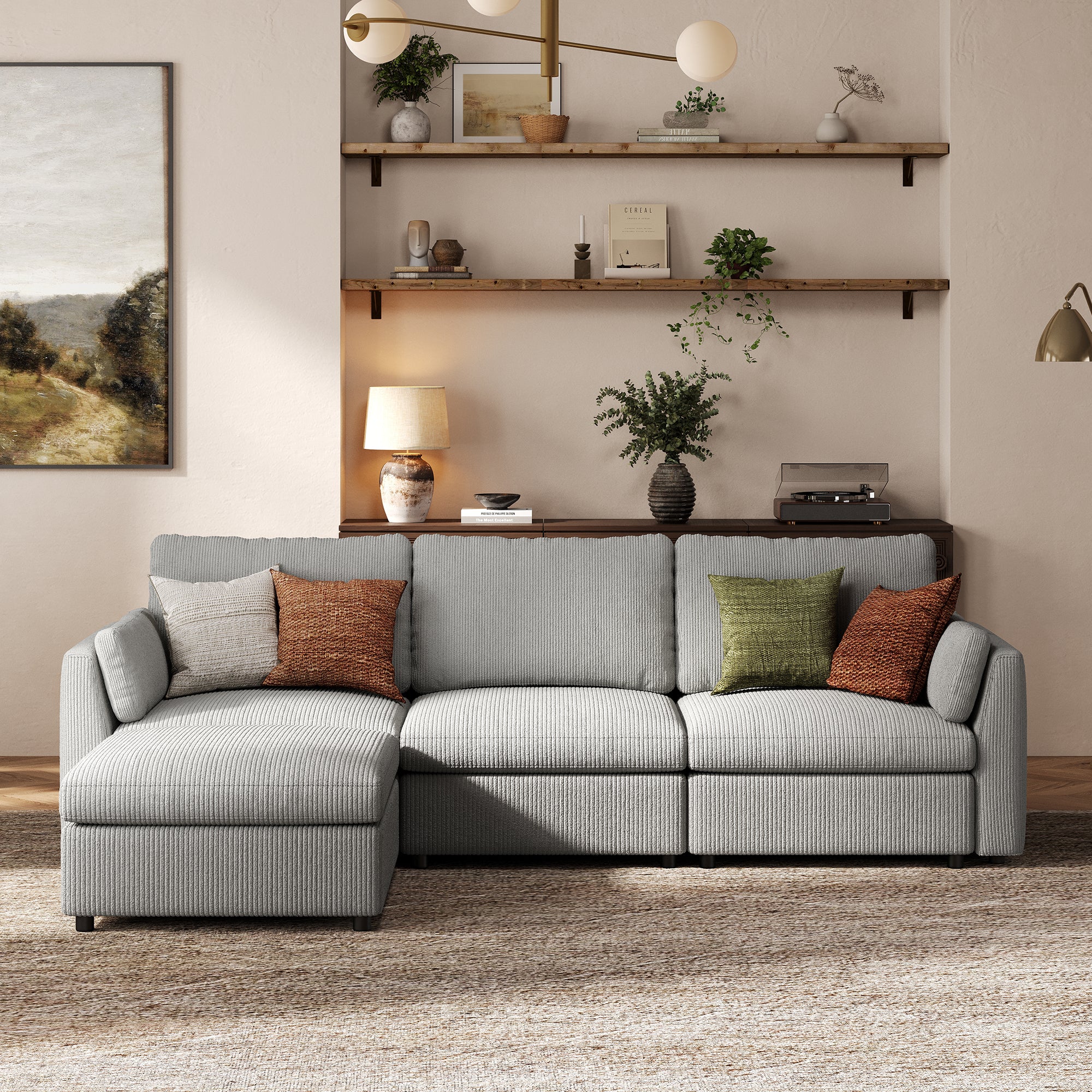 3-Seater + Ottoman Dove Grey Corduroy Modular Sofa with Deep Seat