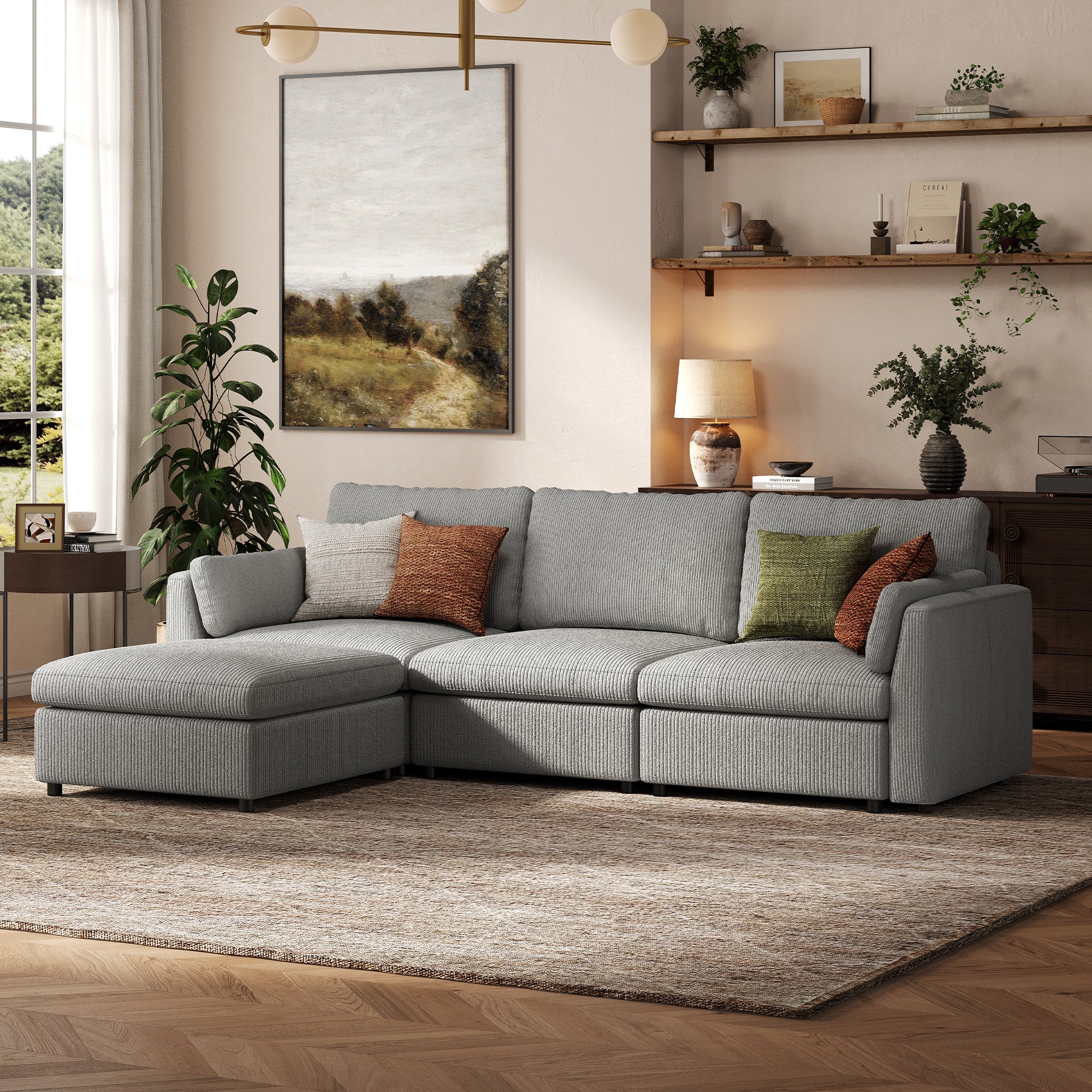 3-Seater + Ottoman Dove Grey Corduroy Modular Sofa with Deep Seat