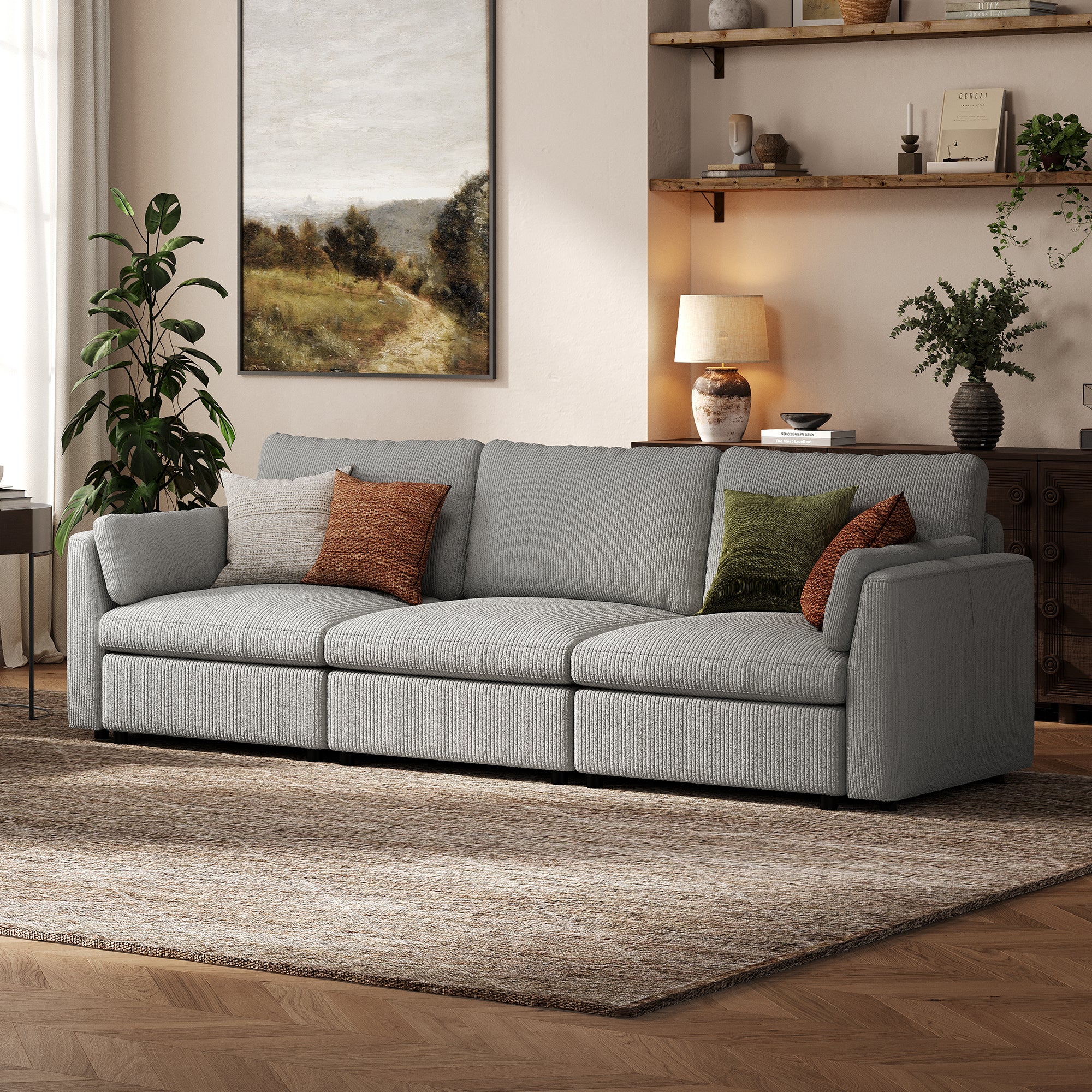 3-Seater Dove Grey Corduroy Modular Sofa with Deep Seat