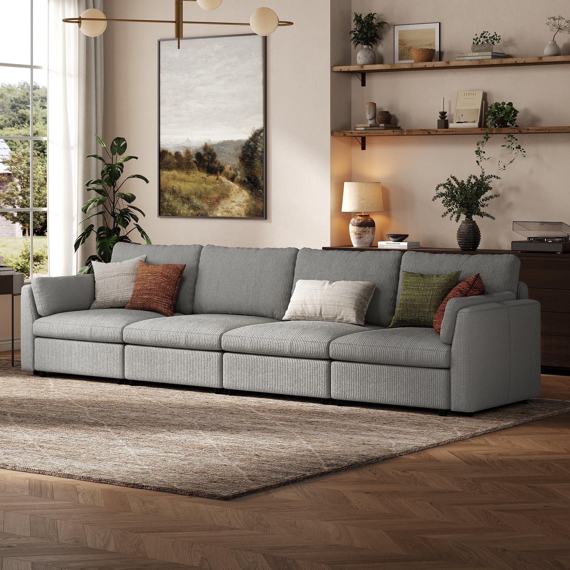 4-Seater Dove Grey Corduroy Modular Sofa with Deep Seat