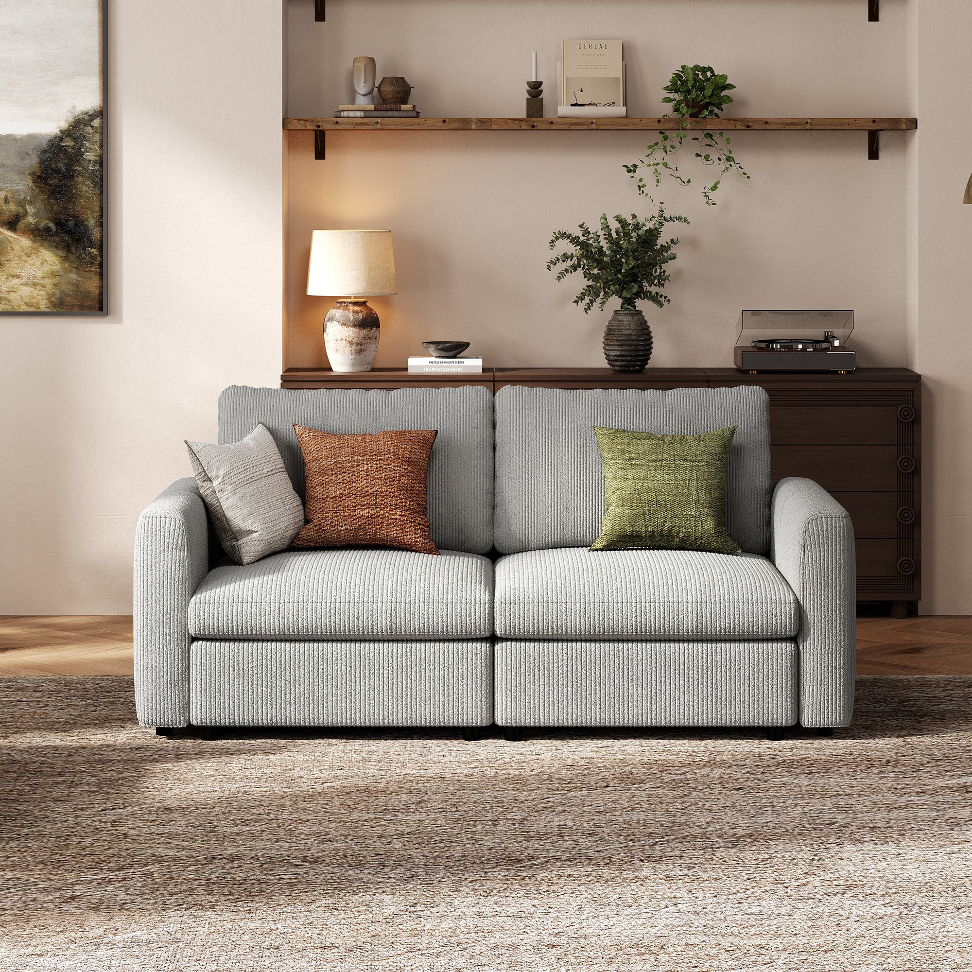 2-Seater Dove Grey Corduroy Modular Sofa with Deep Seat