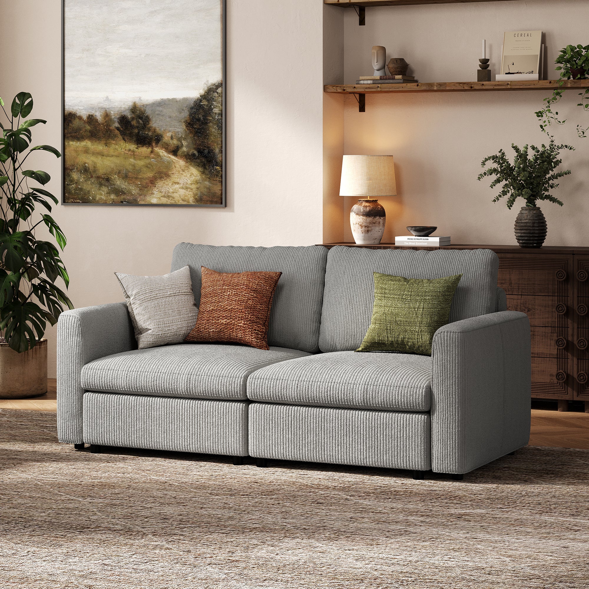 2-Seater Dove Grey Corduroy Modular Sofa with Deep Seat